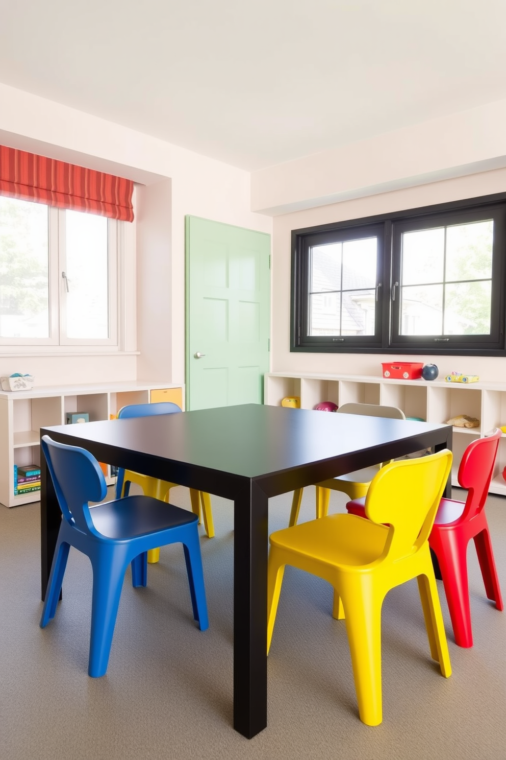 A stylish black play table is surrounded by a set of vibrant, colorful chairs that add a playful touch to the space. The walls of the playroom are painted in soft pastel colors, creating a cheerful and inviting atmosphere for children to enjoy.