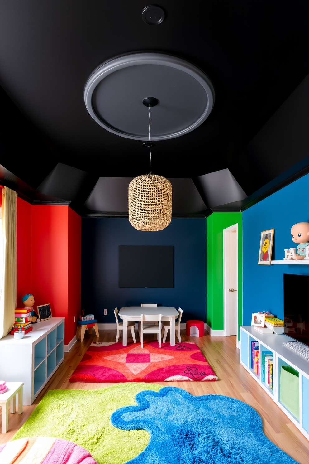 A playful playroom design featuring a striking black ceiling that adds a unique touch to the space. The walls are painted in vibrant colors, and the floor is covered with soft, colorful rugs for comfort and style.