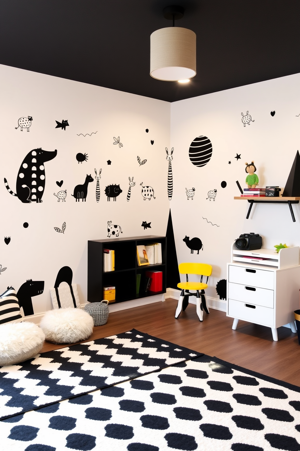 A playful black and white themed playroom features wall decals of whimsical animals and geometric shapes. The room is filled with soft black and white rugs, a cozy reading nook, and bright accent furniture to create an inviting atmosphere.