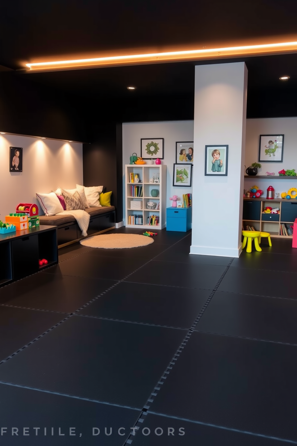 A stylish playroom featuring black play mats that provide both safety and aesthetics. The room is filled with colorful toys and furniture that contrast beautifully with the black mats, creating a vibrant yet sophisticated environment. Soft lighting illuminates the space, highlighting the playful decor and creating a warm atmosphere. A cozy reading nook with plush cushions is nestled in one corner, inviting children to relax and enjoy their favorite books.