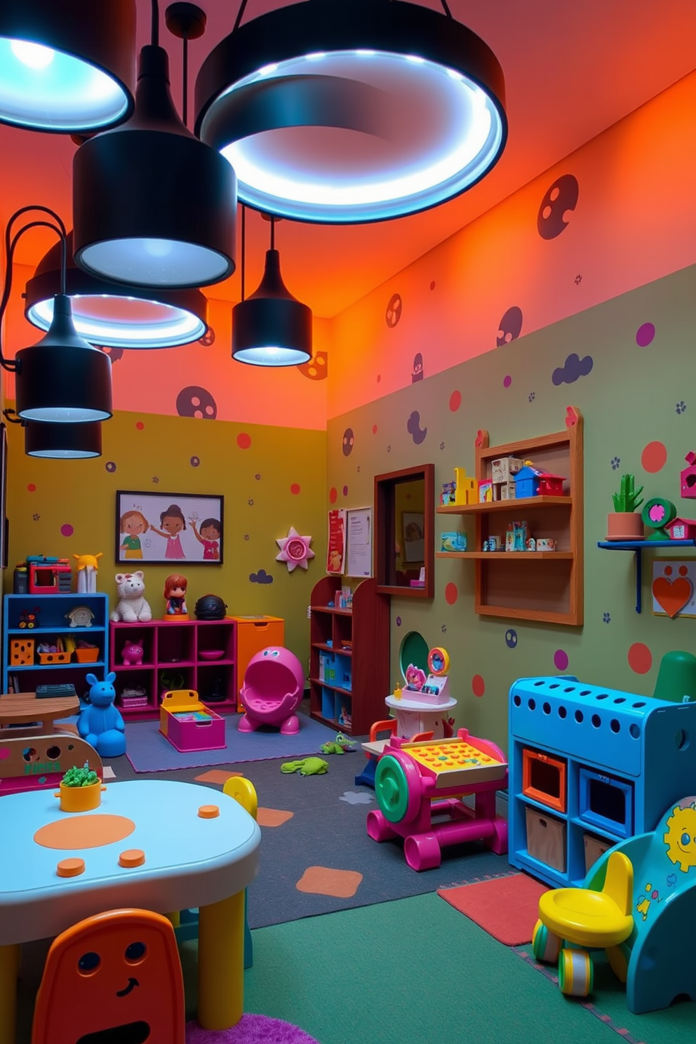 A playful and vibrant playroom designed for children. The room features black light fixtures that provide ambient lighting, creating a cozy atmosphere. The walls are painted in bright colors with playful patterns. Various toys and creative play areas are arranged to encourage imagination and exploration.