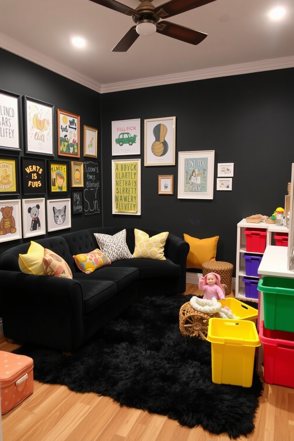 A chic playroom design featuring a blend of textures with black fabrics. The room includes a cozy black velvet sofa adorned with colorful throw pillows, a plush black area rug, and a variety of playful wall art. Incorporate a black chalkboard wall for creativity and fun. The space is illuminated by soft lighting and includes storage bins in vibrant colors to keep toys organized.