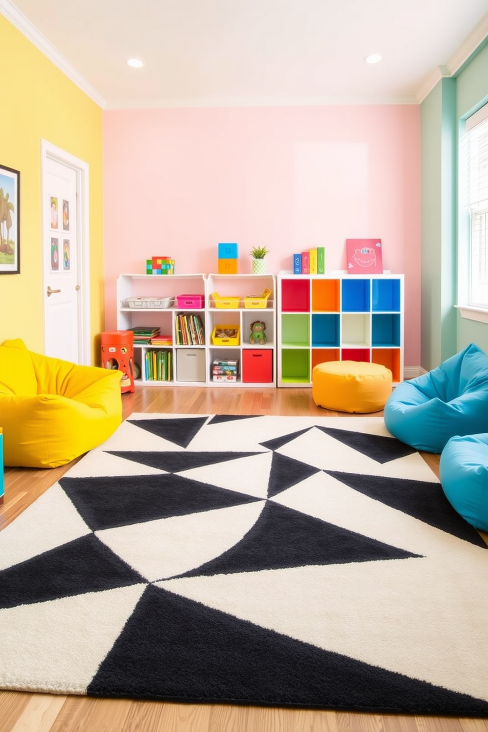 A striking geometric black and white rug lies at the center of the playroom, featuring bold shapes that create a dynamic visual contrast. The rug complements the playful atmosphere of the space, enhancing the overall aesthetic with its modern design. The playroom is designed with vibrant colors, featuring walls painted in a soft pastel hue to create a welcoming environment. Brightly colored furniture pieces, such as bean bags and shelving, are arranged around the rug, providing a fun and functional area for children to play and explore.