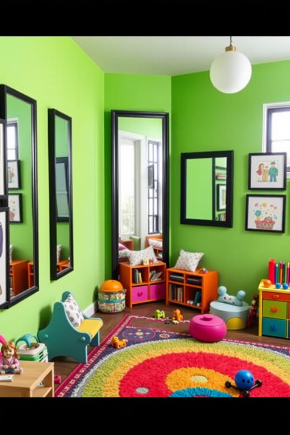 A playful and vibrant playroom featuring black framed mirrors that create an illusion of expanded space. The walls are painted in a bright color, complemented by colorful rugs and playful furniture arrangements. In one corner, a cozy reading nook with plush cushions and a small bookshelf invites children to explore their favorite stories. The room is filled with interactive toys and creative art supplies, encouraging imagination and fun.