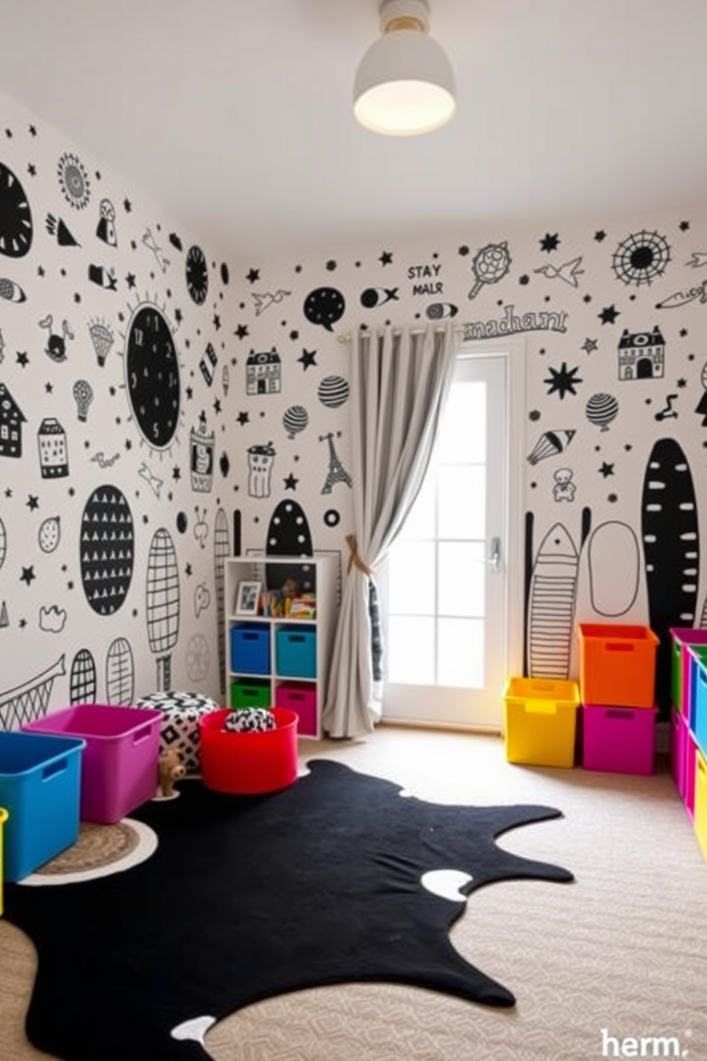 A playful black and white wallpaper adorns the walls of a vibrant playroom. The design features whimsical patterns that spark creativity and imagination, creating an inviting atmosphere for children. In the center of the room, a soft black and white rug provides a cozy area for play. Colorful storage bins in bright hues are scattered throughout, offering a fun contrast to the monochrome theme while keeping the space organized.