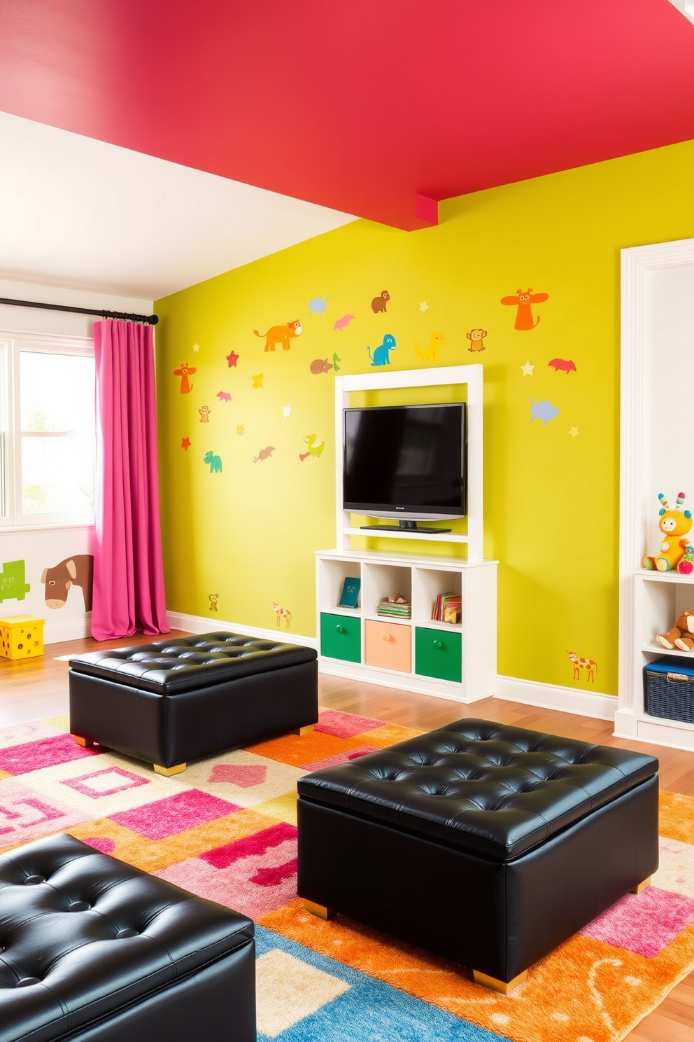 A playful playroom designed with vibrant colors and engaging textures. The room features black storage ottomans strategically placed for extra seating, enhancing both functionality and style. The walls are adorned with colorful wall decals of playful animals and shapes. A soft area rug in bright hues anchors the space, inviting children to play and explore.