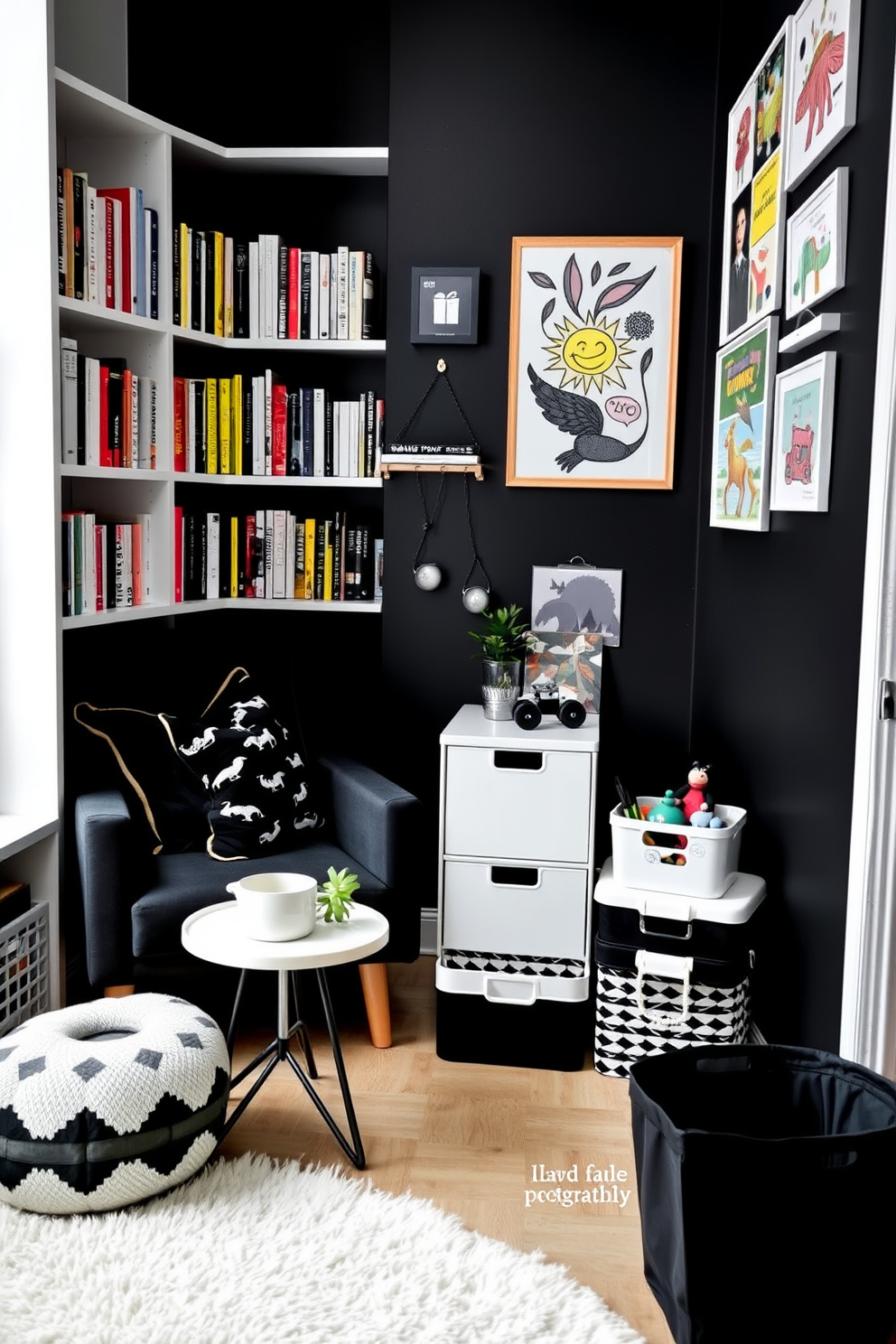 A cozy black and white themed book nook features a plush armchair upholstered in black fabric, positioned next to a sleek white bookshelf filled with an array of books. Soft black and white patterned cushions adorn the chair, while a small round table holds a steaming cup of coffee and a decorative plant. The black playroom design incorporates playful elements with a bold black accent wall adorned with colorful artwork. A soft white rug covers the floor, and various black and white storage bins are neatly organized, providing a stylish yet functional space for toys and games.