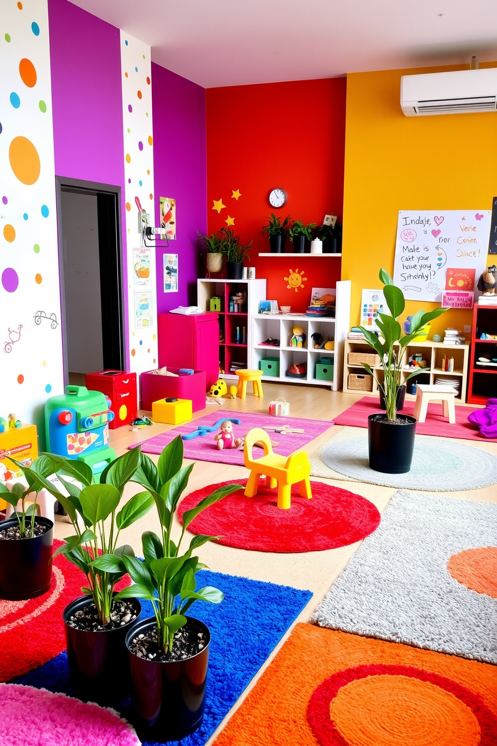 A vibrant playroom filled with creativity and fun. The walls are painted in bright colors with playful patterns, and the floor is covered in soft, colorful rugs. In one corner, there are several potted plants in sleek black pots, adding a touch of nature to the space. The room features a variety of toys, art supplies, and comfortable seating areas for children to explore and play.