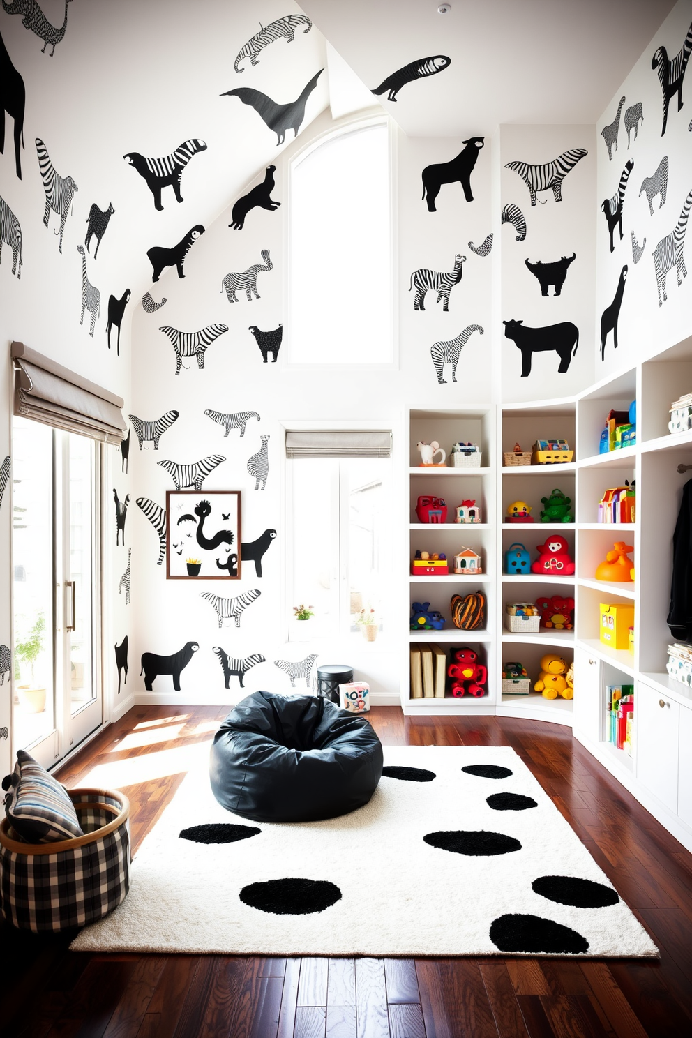 A stylish playroom designed for children features black and white animal prints adorning the walls. The room is filled with playful furniture, including a cozy black bean bag and a white rug with abstract shapes. The space is brightened by natural light streaming through large windows, creating a cheerful atmosphere. Colorful toys are neatly arranged in open shelving, complementing the black and white theme while keeping the area organized.