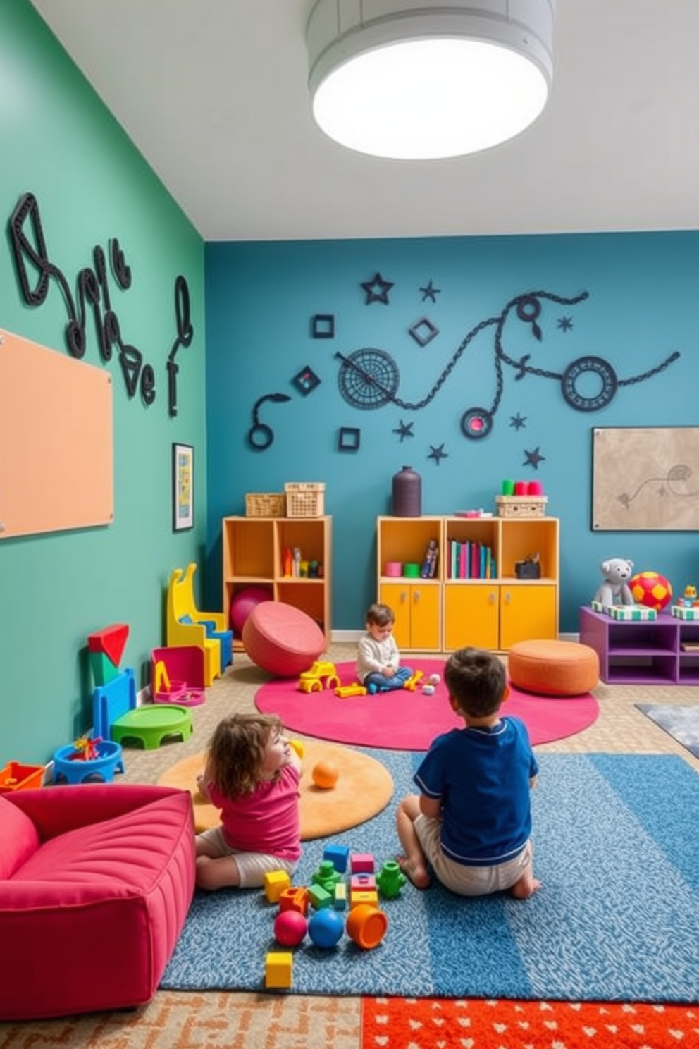 A striking playroom filled with vibrant colors and playful elements. The walls are adorned with creative black wall art installations that add a modern touch and inspire imagination. The space features soft, colorful rugs and a variety of interactive toys. Comfortable seating areas invite children to engage in creative play while surrounded by stimulating decor.