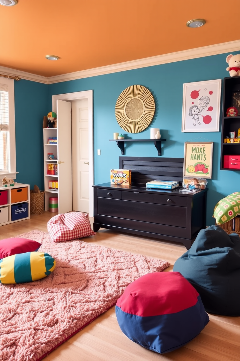 A stylish playroom featuring a black toy chest that complements the vibrant decor. The walls are painted in a cheerful color, and plush rugs provide a cozy area for play. The black toy chest is made of durable wood with sleek lines, offering ample storage for toys and games. Colorful cushions and bean bags are scattered around, creating a fun and inviting atmosphere.