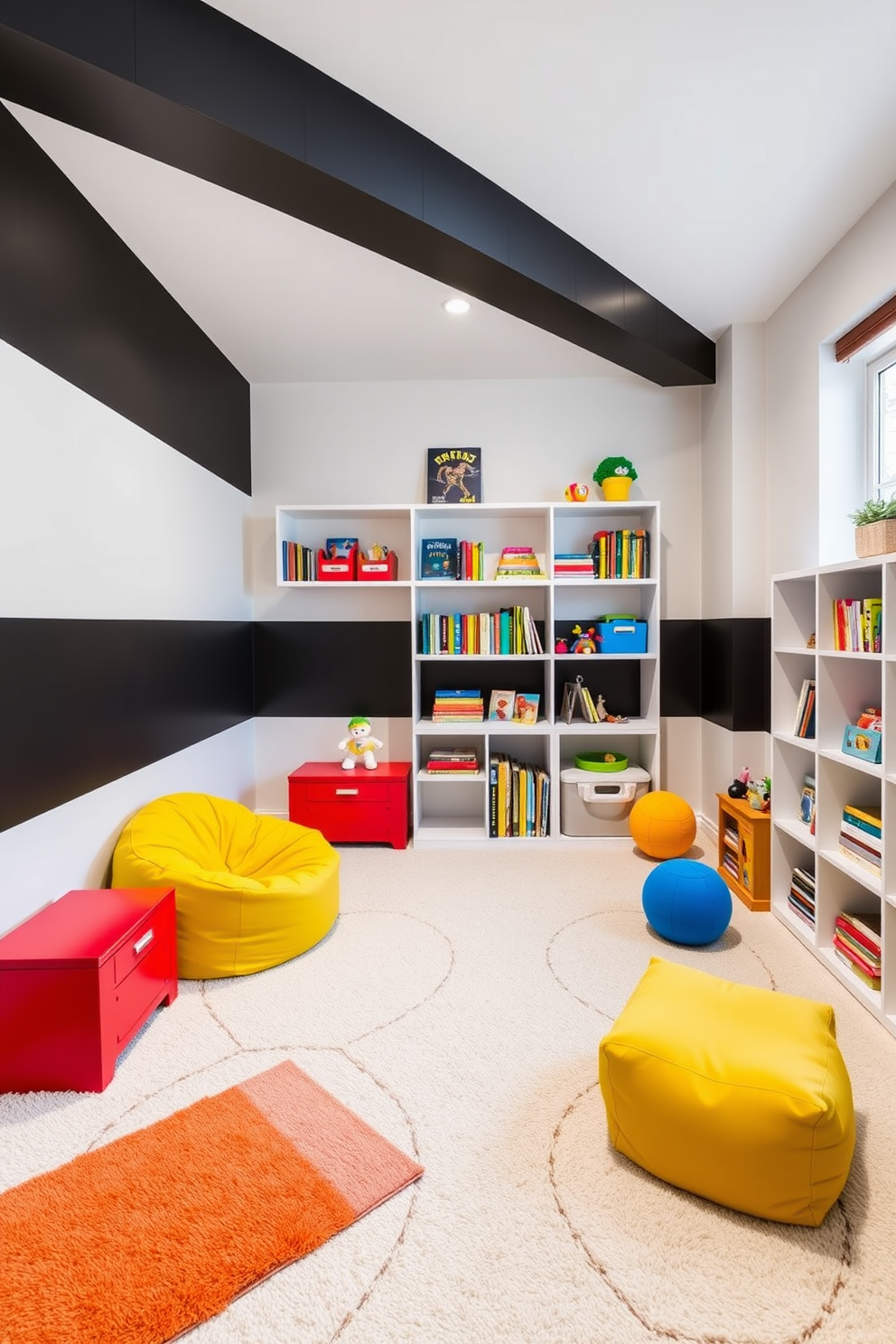 A modern playroom featuring bold black and white color-blocking on the walls creating a striking visual contrast. The space includes playful furniture in vibrant colors, such as a bright yellow bean bag and a red toy chest, to enhance the lively atmosphere. Soft, plush rugs in geometric patterns cover the floor, providing a comfortable area for children to play. Shelves filled with colorful books and toys are neatly organized, ensuring a fun yet tidy environment for creativity and exploration.