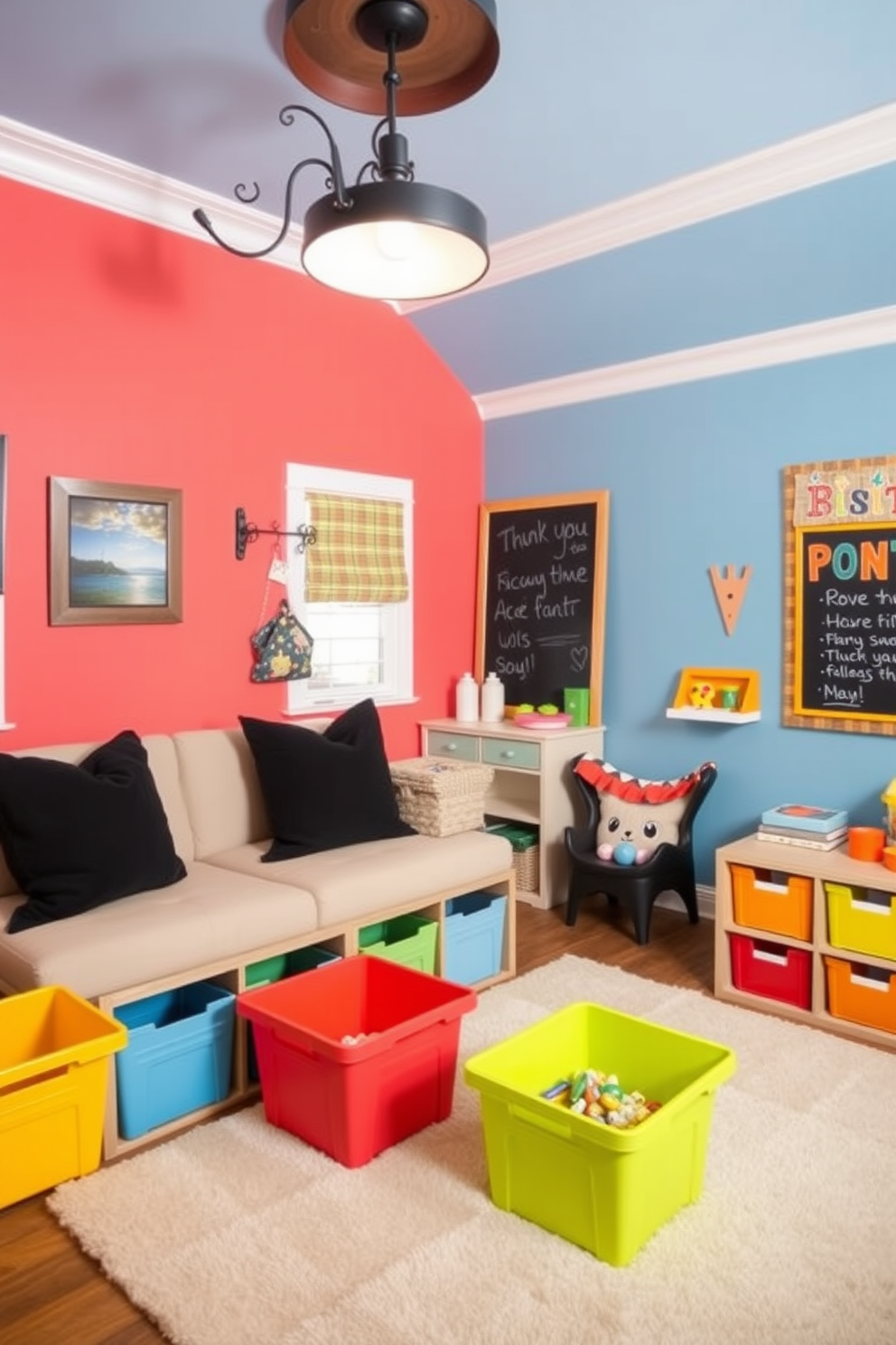 A playful playroom design featuring vibrant wall colors and engaging decor. The space includes a cozy seating area with black accent pillows for comfort and a soft rug for playtime. Brightly colored storage bins are scattered throughout for easy organization. A fun chalkboard wall invites creativity while a whimsical light fixture adds a touch of charm.