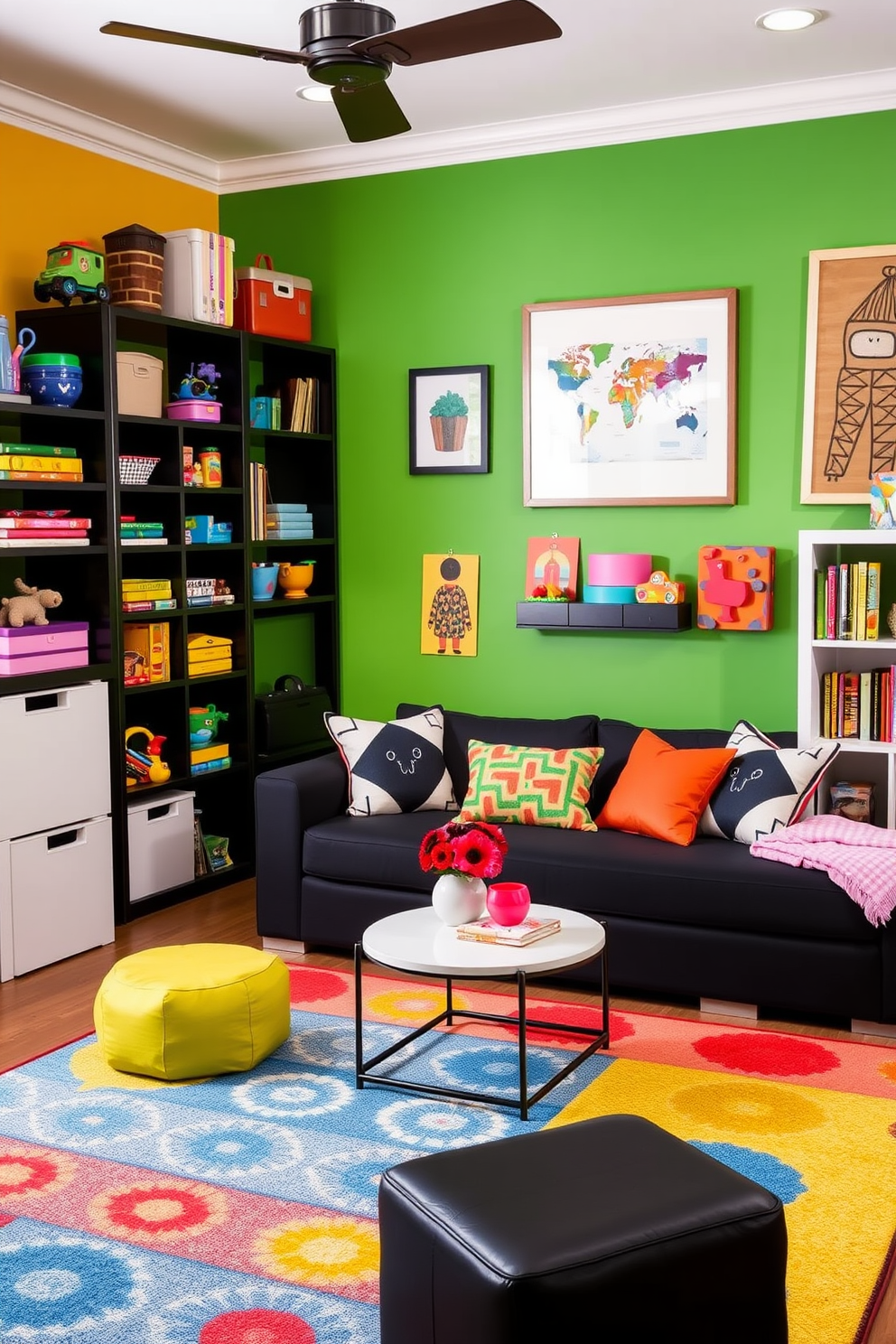 A stylish playroom featuring black furniture pieces that provide a striking contrast against vibrant colorful accents. The walls are painted in a cheerful hue, and playful artwork adorns the space, creating an inviting atmosphere for children. The room includes a black sectional sofa adorned with colorful throw pillows and a playful area rug in bright patterns. Shelves filled with toys and books in a variety of colors are neatly organized, enhancing the fun and functional design of the playroom.