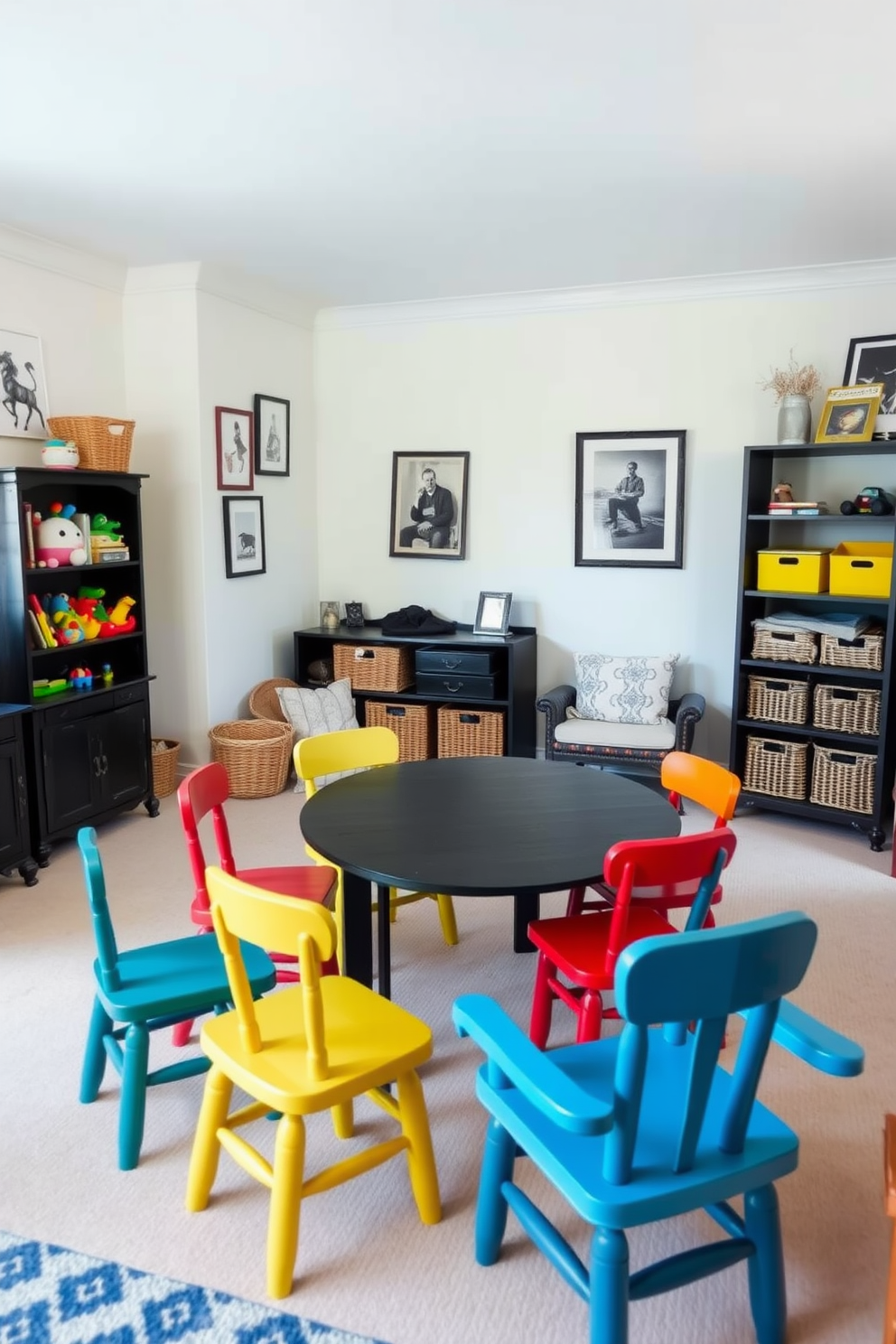 A charming playroom filled with vintage black furniture pieces creates a unique and inviting atmosphere. The room features a black wooden table surrounded by mismatched colorful chairs, with a cozy reading nook adorned with plush cushions and a vintage black bookshelf. Brightly colored toys are neatly organized in woven baskets, adding a playful touch to the space. The walls are painted in a soft pastel hue, and whimsical artwork hangs alongside black and white photographs, enhancing the vintage charm.