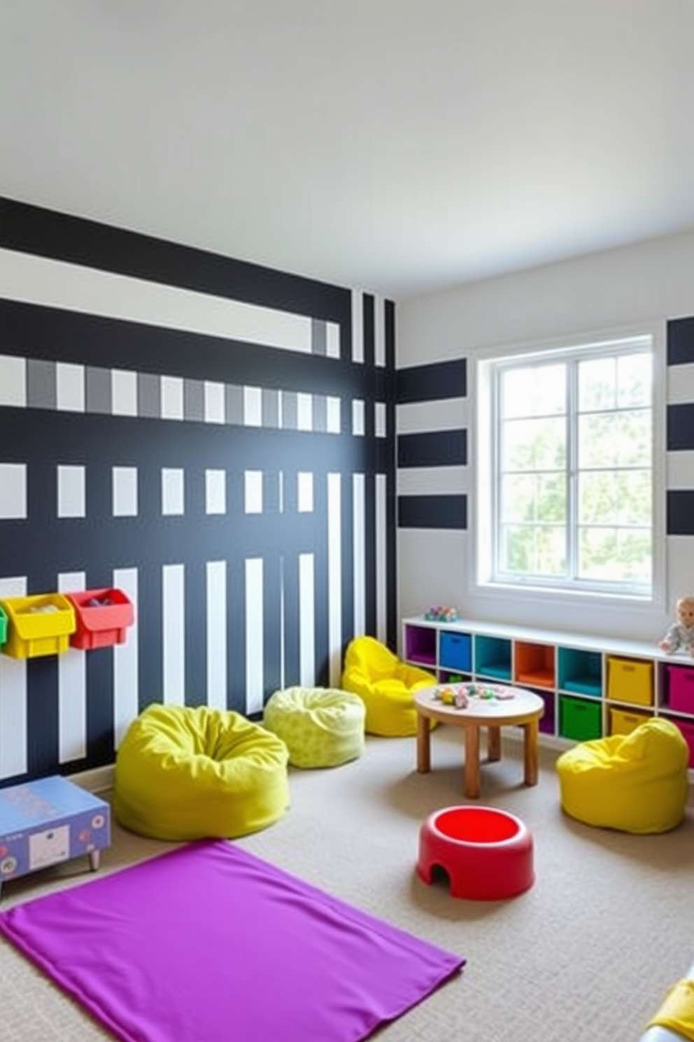 A vibrant playroom with black and white striped wall decor that creates a bold and playful atmosphere. The room features colorful furniture, including a soft play mat, bean bags, and a low table for creative activities. Brightly colored storage bins are neatly arranged along one wall, providing organization for toys and games. A large window allows natural light to flood the space, enhancing the cheerful ambiance of the playroom.