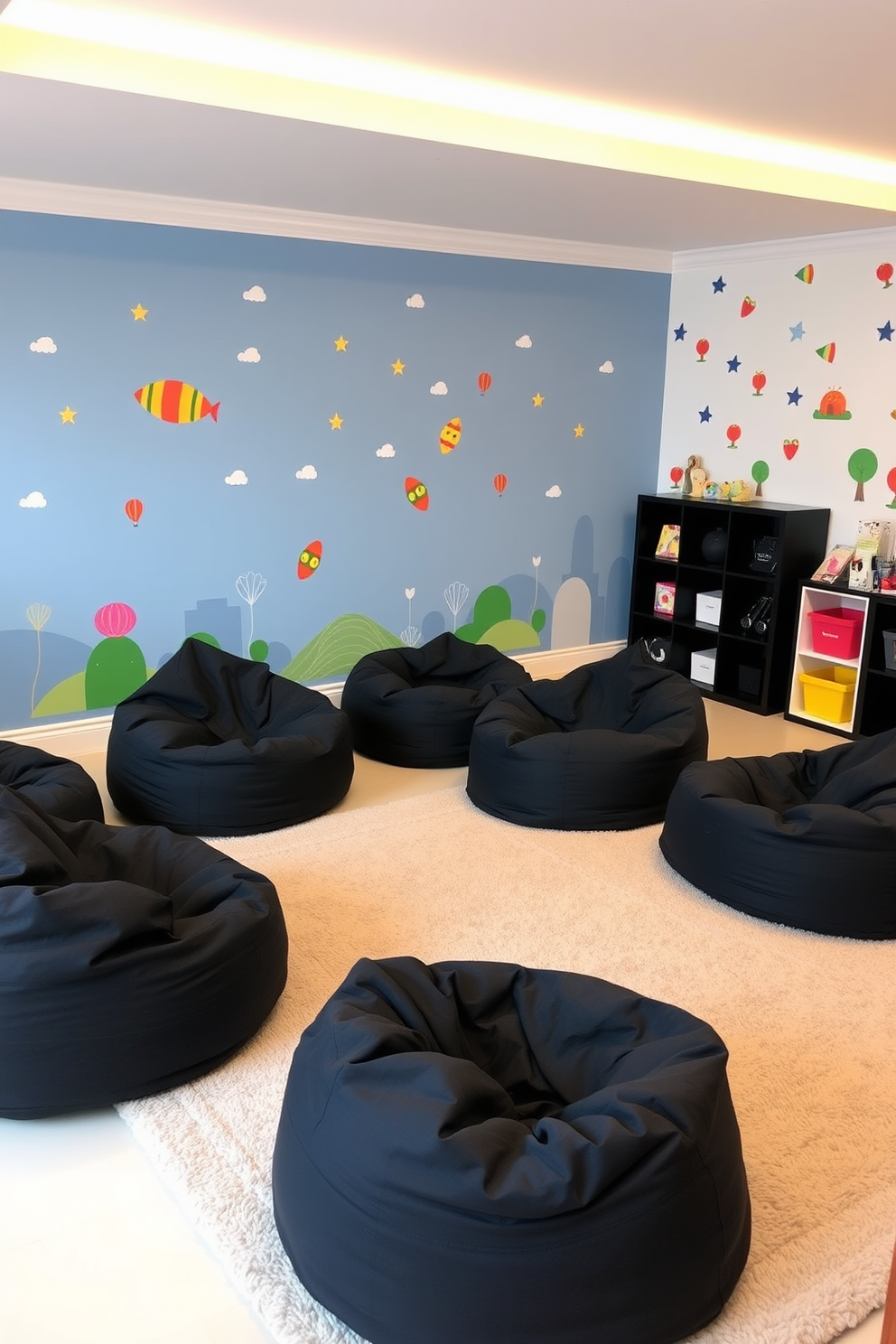 A playful and inviting playroom features black bean bags scattered around for cozy seating. The walls are adorned with colorful wall decals and a soft rug covers the floor, creating a warm and fun atmosphere for children to enjoy.