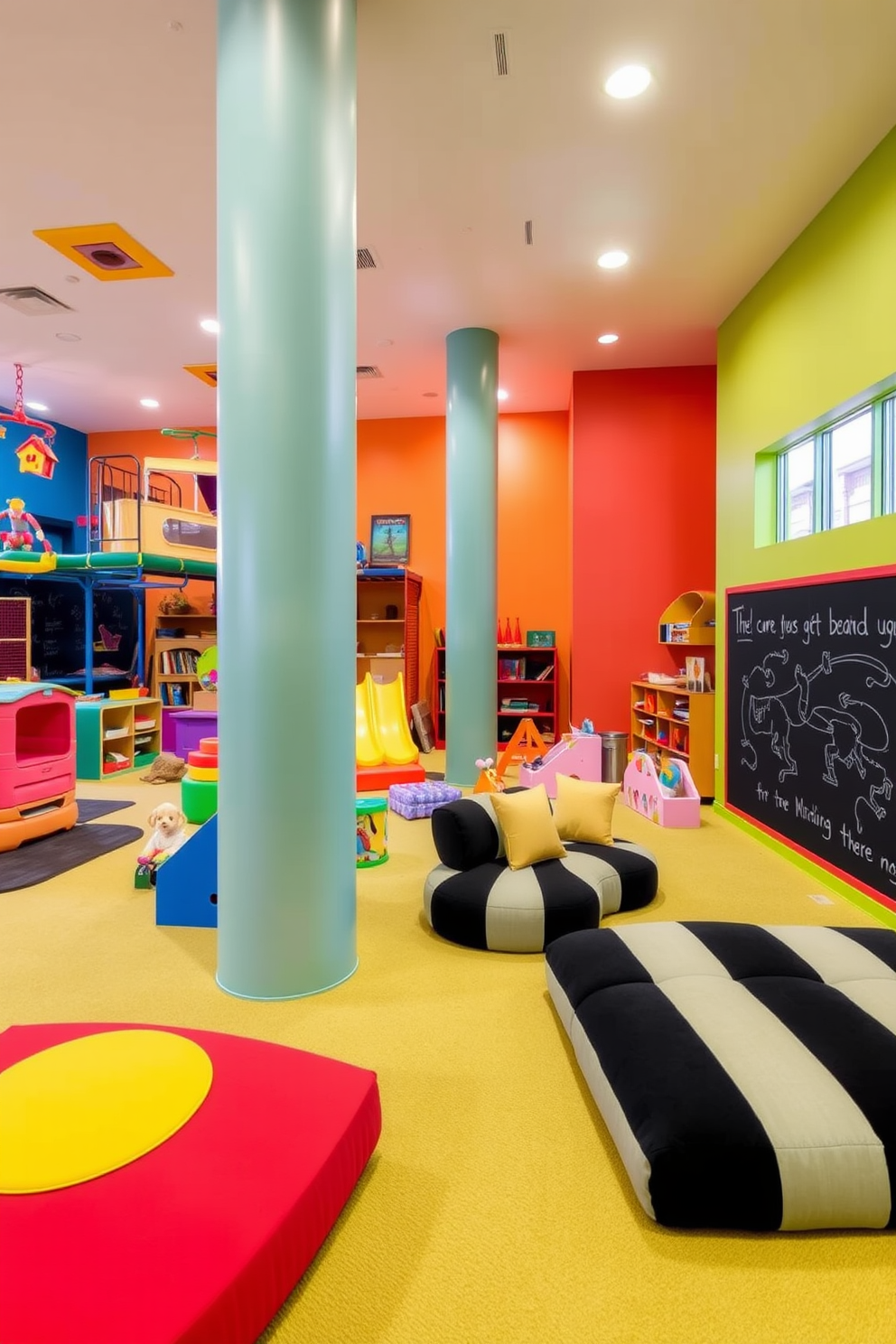 A vibrant playroom filled with interactive play zones featuring bold black accents. The walls are painted in a bright color, creating a lively atmosphere with various play structures and toys scattered throughout. In one corner, a black chalkboard wall invites creativity, while plush seating in contrasting colors offers a cozy reading nook. The flooring is soft and durable, ensuring safety and comfort for children as they explore and play.