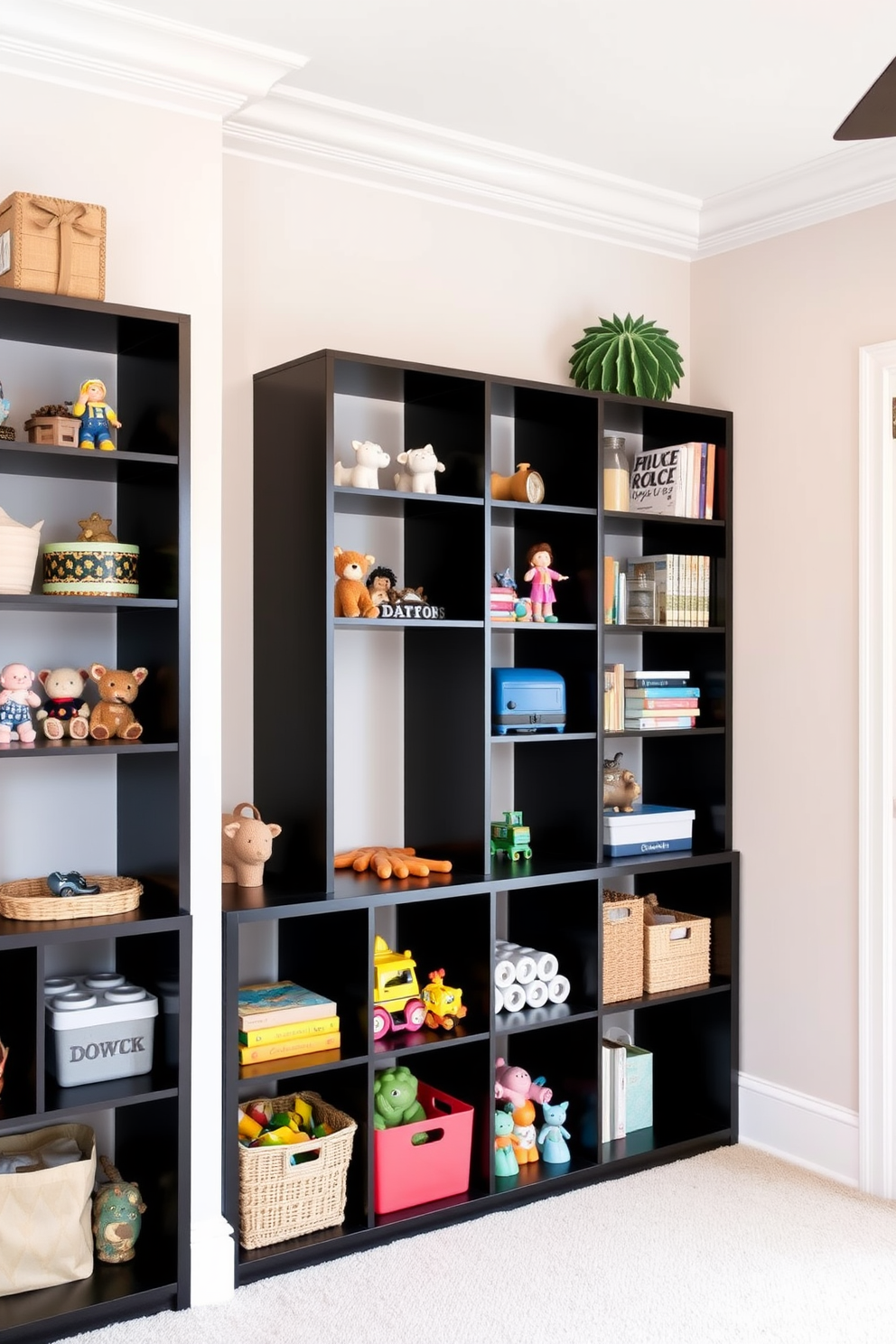 A modern playroom featuring black shelving units specifically designed for toy organization. The walls are painted in a soft pastel color, creating a playful yet sophisticated atmosphere.