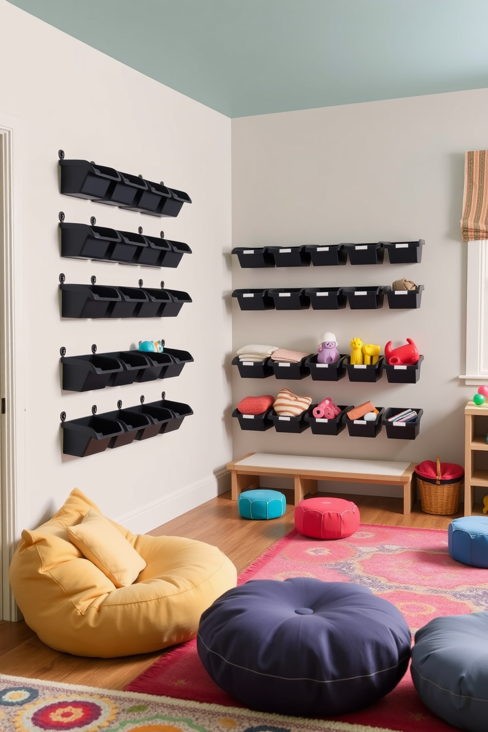 A playful playroom featuring wall-mounted black storage bins neatly organized along the walls. The space is filled with colorful rugs and soft seating, creating an inviting atmosphere for children to explore and play.