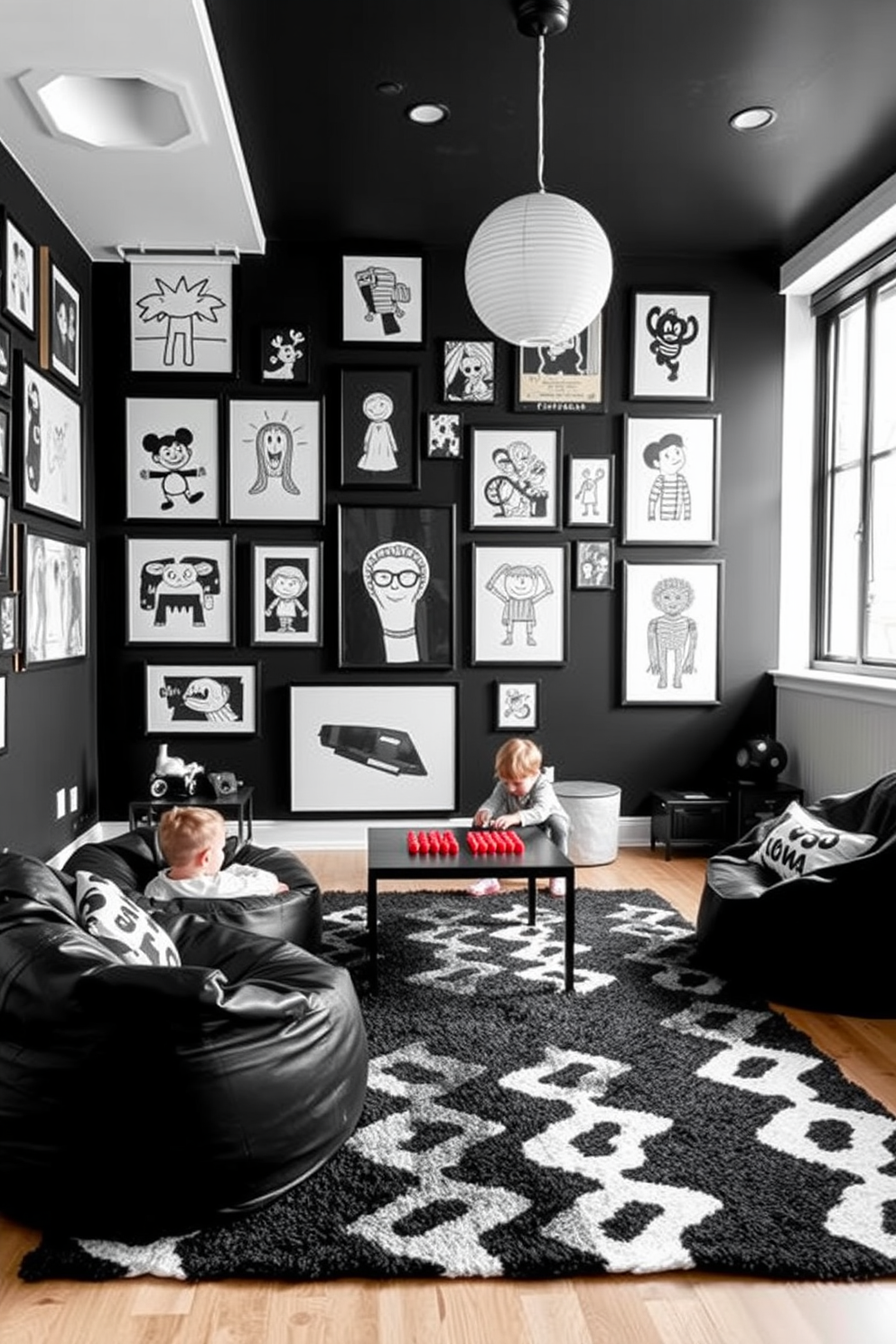 A playful black playroom features a striking monochrome artwork display that captivates the eye. The walls are adorned with various black and white prints, creating a dynamic visual interest throughout the space. The furniture is sleek and modern, with black bean bags and a low table for games. A soft black rug anchors the room, providing a cozy area for children to play and explore their creativity.