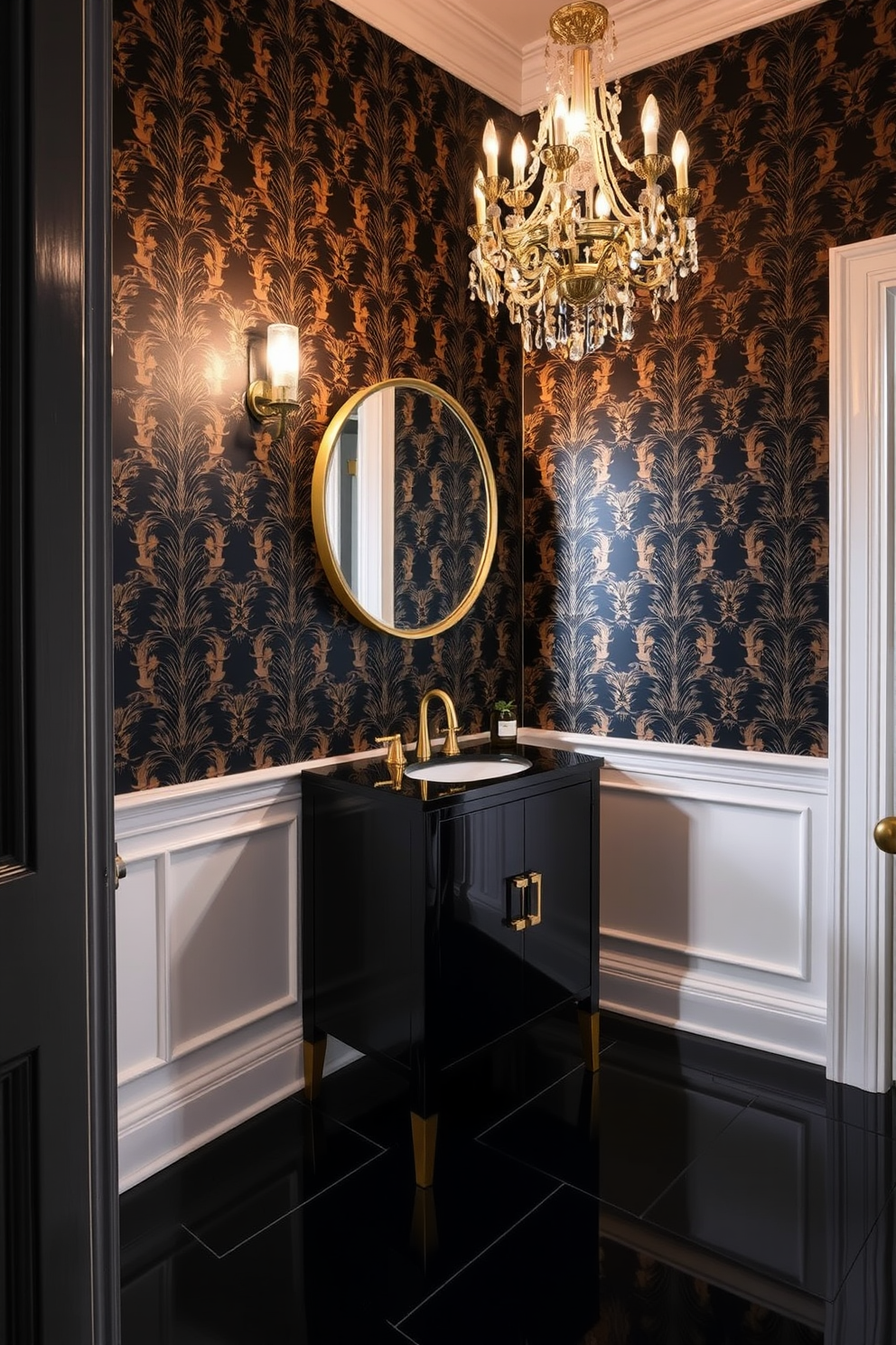 Elegant black wallpaper with gold accents creates a striking backdrop for a luxurious powder room. A sleek black vanity with a gold faucet is paired with a round mirror framed in gold, enhancing the opulent feel of the space. The floor features a glossy black tile that reflects the rich colors of the room. Soft ambient lighting from a stylish chandelier casts a warm glow, highlighting the intricate patterns of the wallpaper.