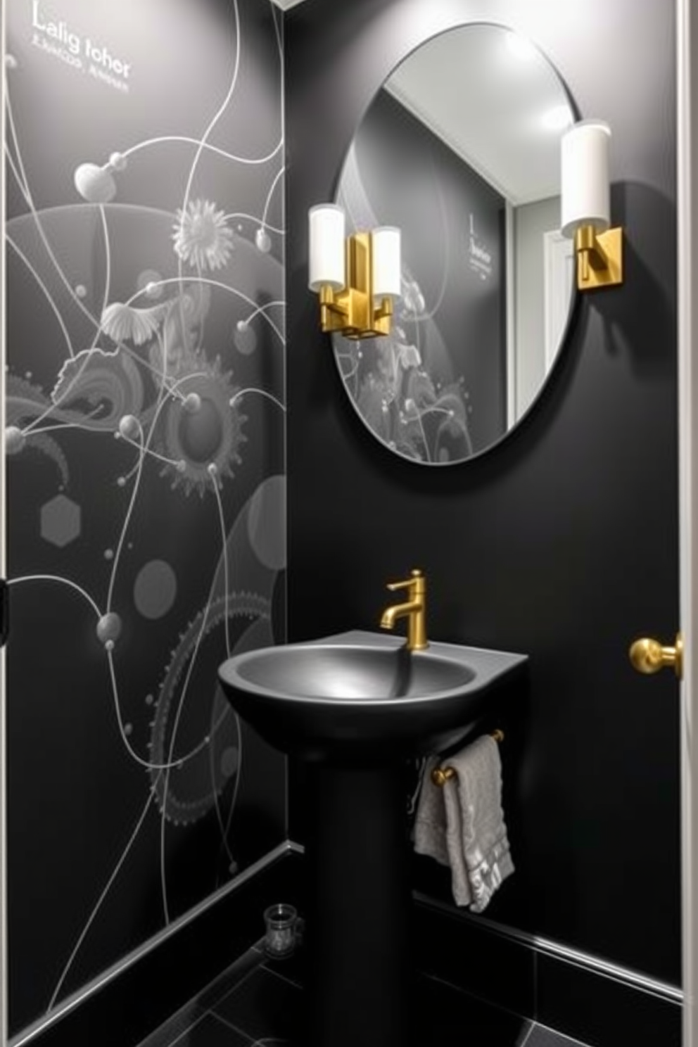 Artistic black mural covering one wall of a stylish powder room. The mural features abstract designs that create a striking focal point against the sleek black walls. A modern pedestal sink with a matte black finish stands in front of the mural. Elegant gold fixtures complement the sink, adding a touch of luxury to the space.