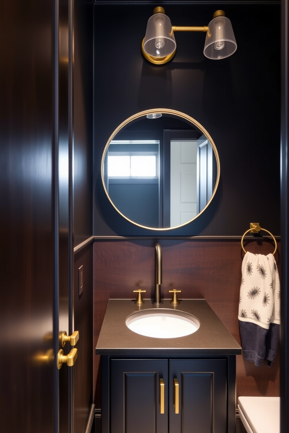 A striking powder room featuring dark wood tones that create a warm and inviting atmosphere. The walls are painted in a deep black, enhancing the richness of the wood and providing a dramatic backdrop. The design includes a sleek black vanity with gold hardware that contrasts beautifully with the dark wood. A round mirror with a thin gold frame hangs above the vanity, reflecting the elegant lighting fixtures that add a touch of sophistication.