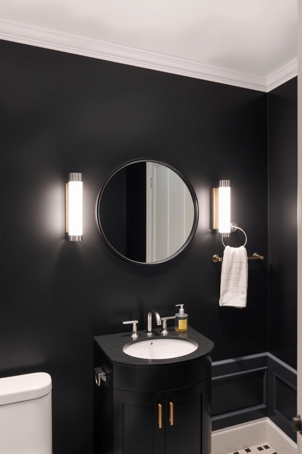 A chic black powder room featuring contemporary lighting fixtures that add a modern touch. The walls are painted in a deep matte black, and the sleek vanity is complemented by a stylish round mirror with a black frame.