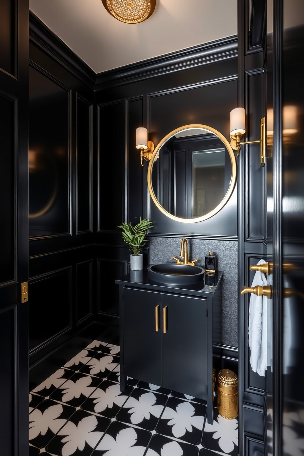 A luxurious black powder room featuring sleek black walls and gold accents throughout. The space includes a modern black vanity with a gold faucet and a round mirror framed in gold. The floor is adorned with black and white geometric tiles that enhance the elegance of the design. A stylish gold sconce illuminates the room, casting a warm glow over the space.