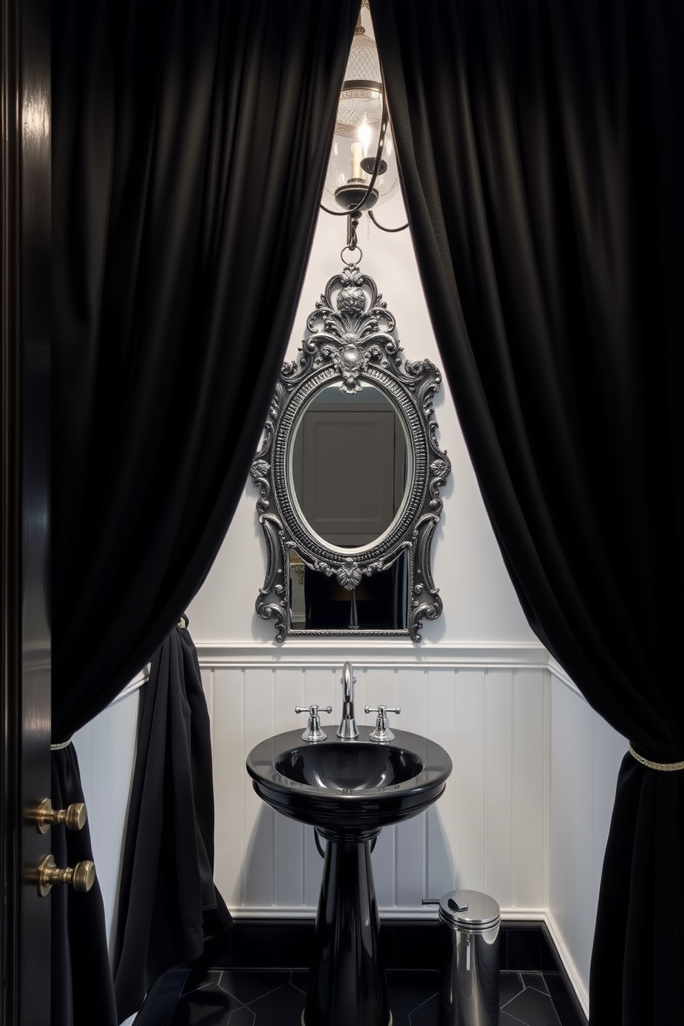 A luxurious black powder room featuring bold black walls adorned with intricate gold accents. The space includes a sleek black vanity with a gold-framed mirror above it, complemented by stylish gold fixtures. The floor is covered in glossy black tiles that reflect the opulence of the room. A striking gold chandelier hangs from the ceiling, casting a warm glow over the elegant space.