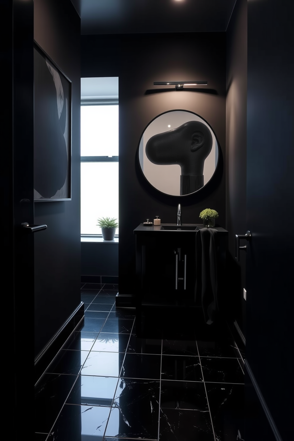 A stylish black toilet with sleek lines is the focal point of this modern powder room. The walls are adorned with textured black wallpaper, creating a dramatic backdrop that enhances the elegance of the space. A minimalist black vanity with a white countertop complements the toilet, providing a striking contrast. Ambient lighting fixtures above the vanity cast a warm glow, highlighting the sophisticated design elements throughout the room.