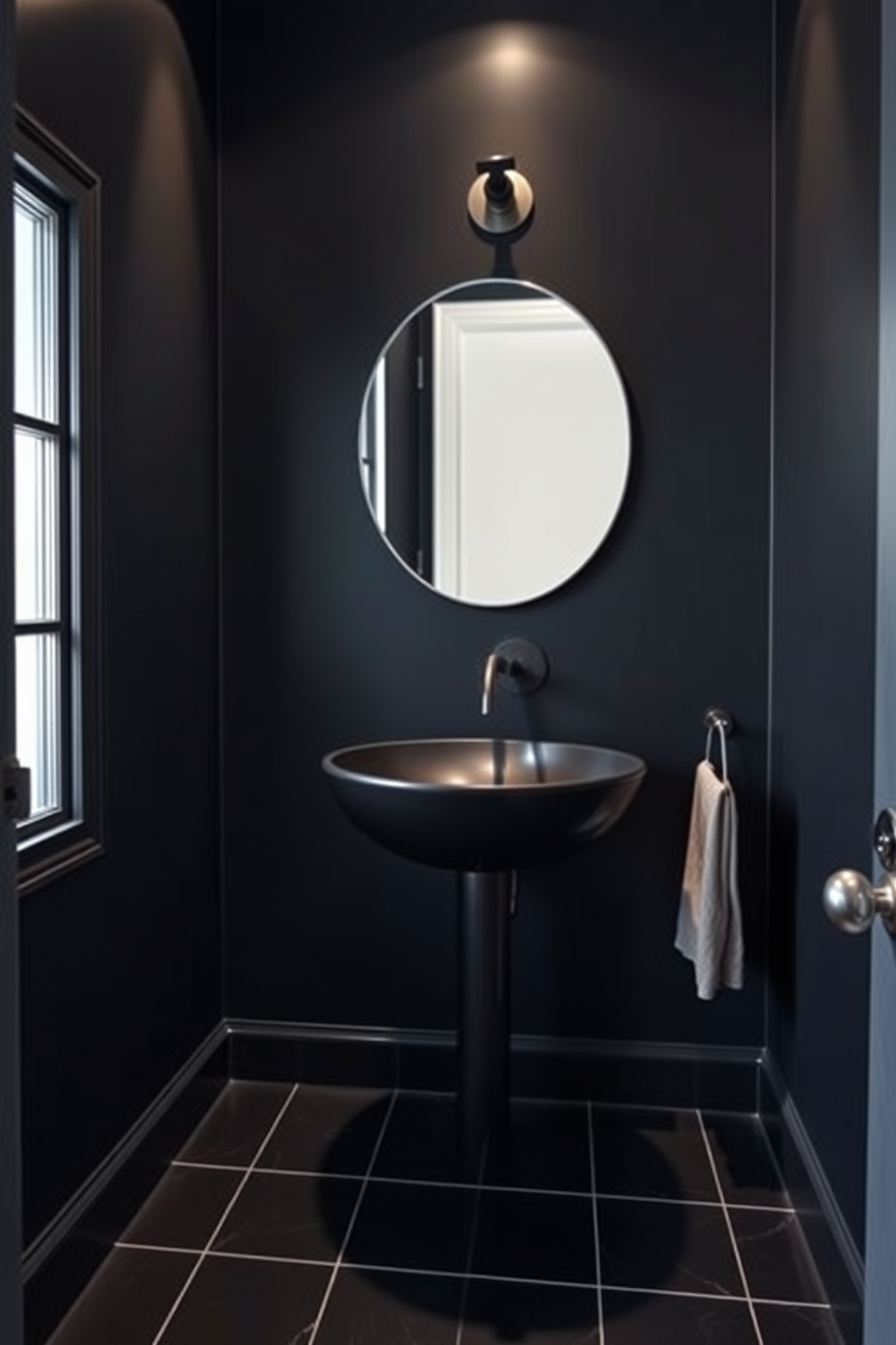 A striking black accent wall adorned with intricate decorative molding sets the stage for a luxurious powder room. The space features a sleek pedestal sink paired with a vintage-style mirror that reflects the elegant details of the room. Soft lighting fixtures mounted on either side of the mirror create a warm ambiance, enhancing the rich tones of the black wall. A plush area rug in a contrasting color adds comfort underfoot, while stylish accessories complete the sophisticated look.