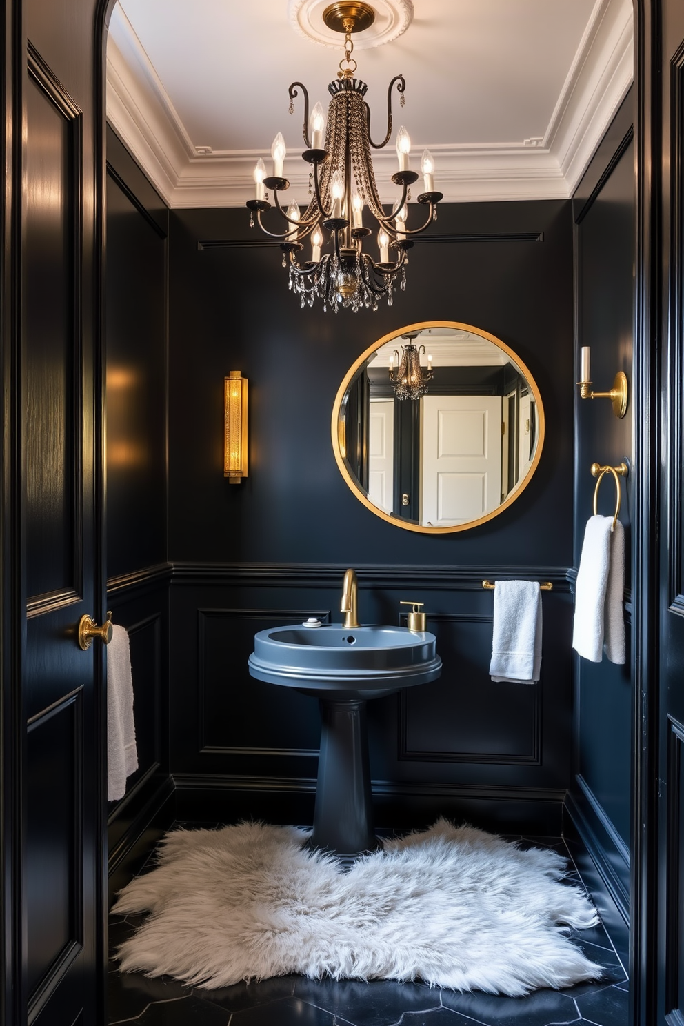 A luxurious black powder room features faux fur accents that create a warm and inviting atmosphere. The walls are adorned with a rich black paint, while a plush faux fur rug lies beneath a sleek pedestal sink. A striking chandelier hangs from the ceiling, adding an element of sophistication. The space is complemented by gold fixtures and a large round mirror that enhances the overall elegance of the design.