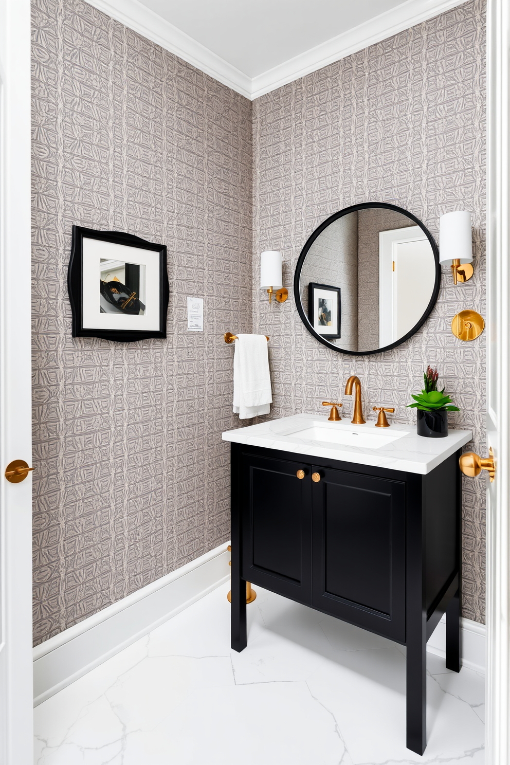 A bold black vanity with a sleek white countertop is the centerpiece of this striking powder room. The walls are adorned with elegant wallpaper featuring a subtle geometric pattern, enhancing the room's modern aesthetic. To the side of the vanity, a stylish round mirror with a black frame reflects the chic decor. Accents of gold in the fixtures and accessories add a touch of luxury, while a small potted plant brings a hint of nature into the space.