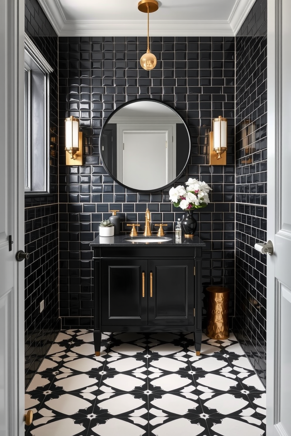 A striking black powder room with bold, matte black walls that create a dramatic atmosphere. The floor is adorned with intricate white marble tiles, providing a stunning contrast to the dark hues. A sleek pedestal sink with a polished chrome faucet stands as the centerpiece, complemented by a large round mirror with a thin gold frame. Stylish wall sconces with warm light flanking the mirror enhance the elegance of the space.