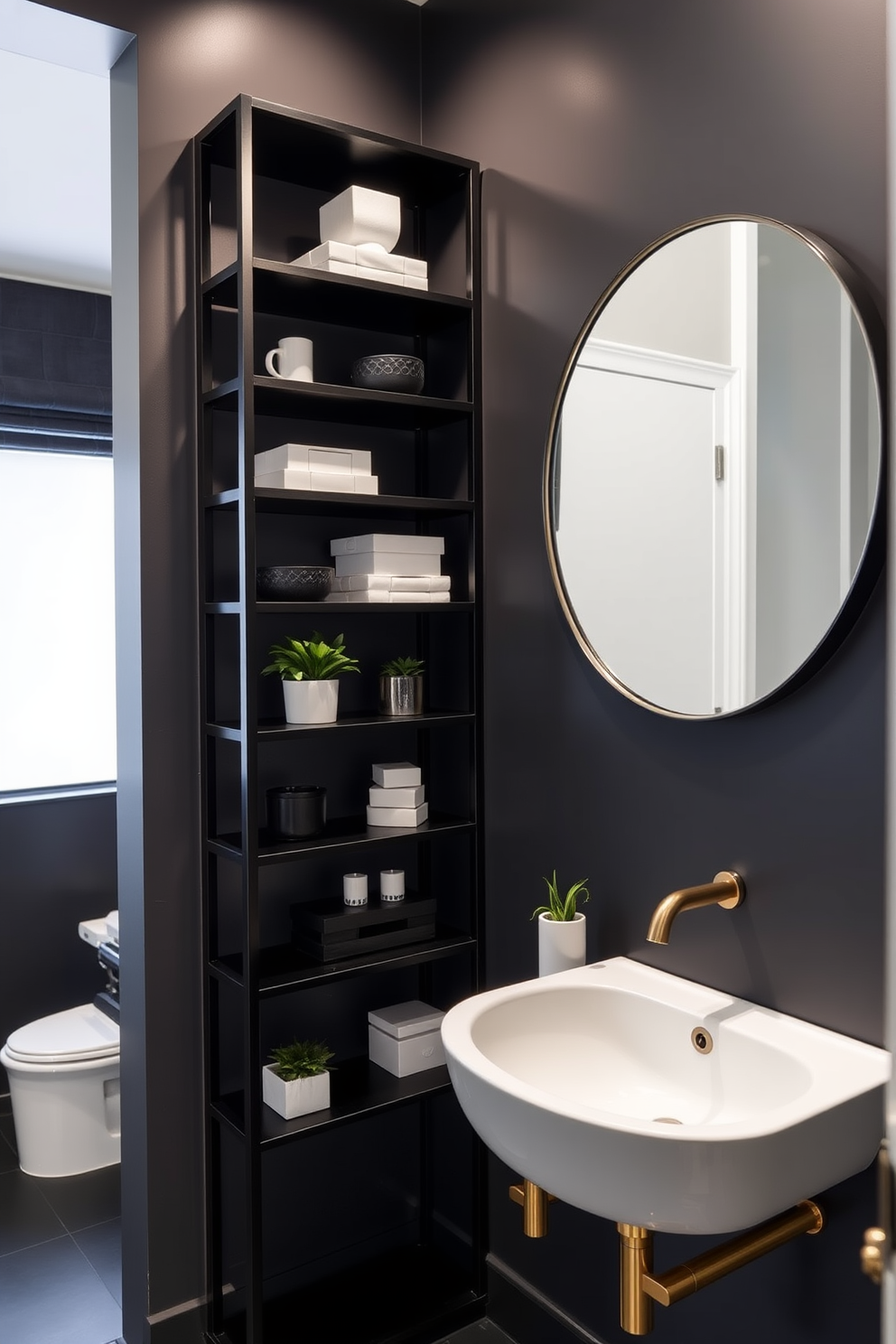 A sleek modern black shelving unit lines the wall, providing functional storage while maintaining a minimalist aesthetic. The shelves are filled with neatly arranged decorative boxes and potted plants, adding a touch of greenery to the space. The powder room features a striking black color palette, complemented by gold fixtures and a stylish wall-mounted sink. A large round mirror hangs above the sink, enhancing the room's elegance and creating a sense of depth.