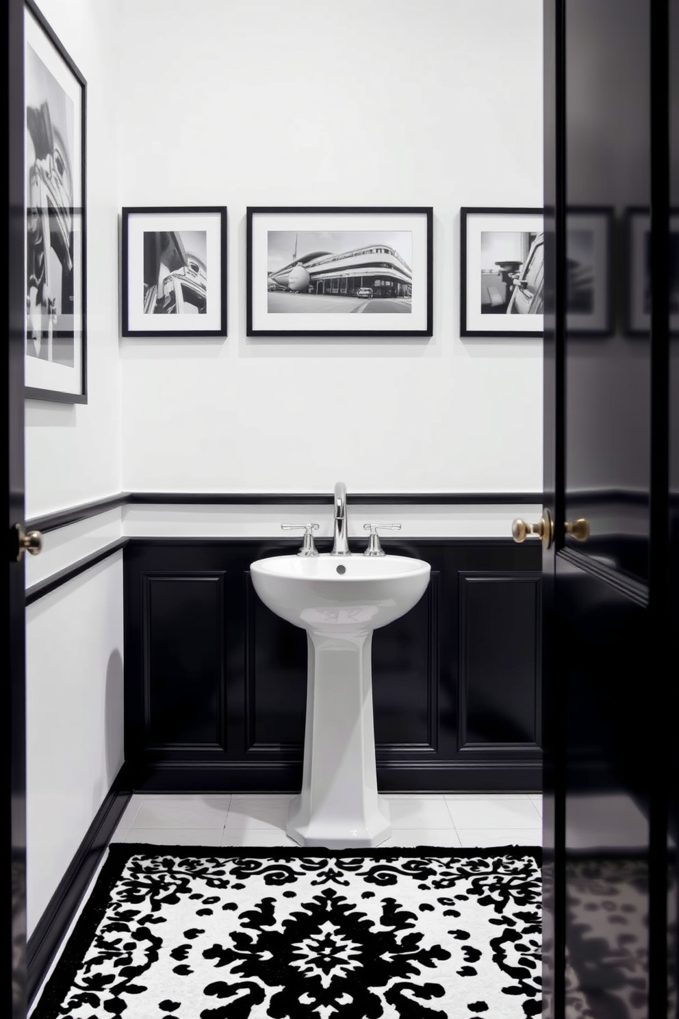 A classic black and white photography display adorns the walls of a chic powder room. The photographs are framed in sleek black frames, creating a striking contrast against the crisp white walls. The powder room features a stylish pedestal sink with a polished chrome faucet. A decorative black and white patterned rug lies beneath, adding a touch of elegance to the space.