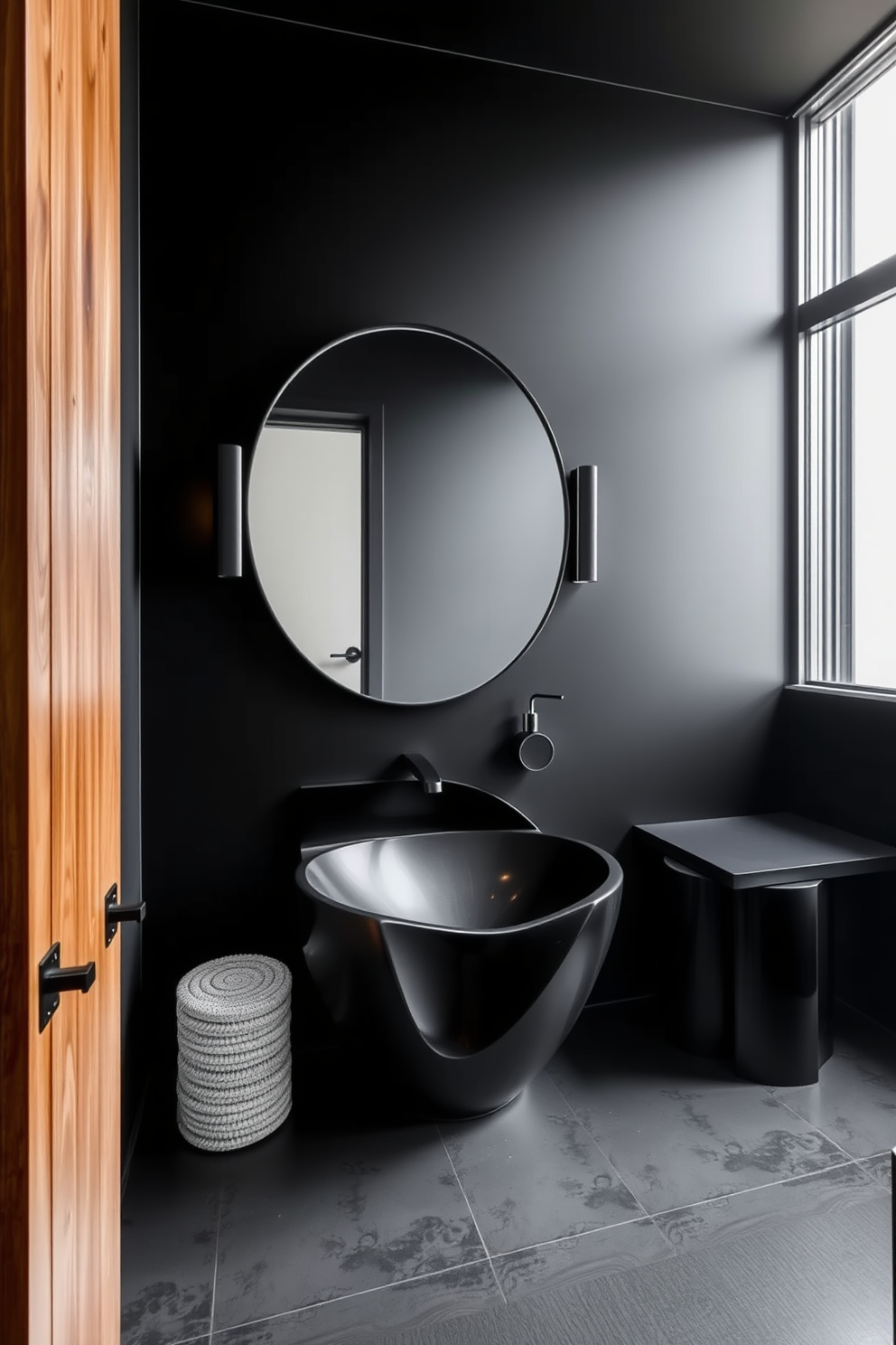 A sophisticated black and cream powder room features sleek black cabinetry with gold hardware and a stunning cream marble countertop. The walls are adorned with a subtle texture, creating depth, while a large round mirror with a black frame reflects the elegant lighting fixtures above. Incorporate a stylish black and cream patterned wallpaper to add visual interest and contrast. A luxurious freestanding sink sits on a pedestal, complemented by plush cream towels neatly arranged on a nearby shelf.