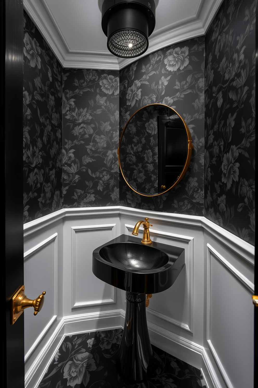 A luxurious black powder room adorned with dark floral wallpaper that creates a romantic atmosphere. The space features a sleek black vanity with a gold faucet and a round mirror that reflects the intricate patterns of the wallpaper.