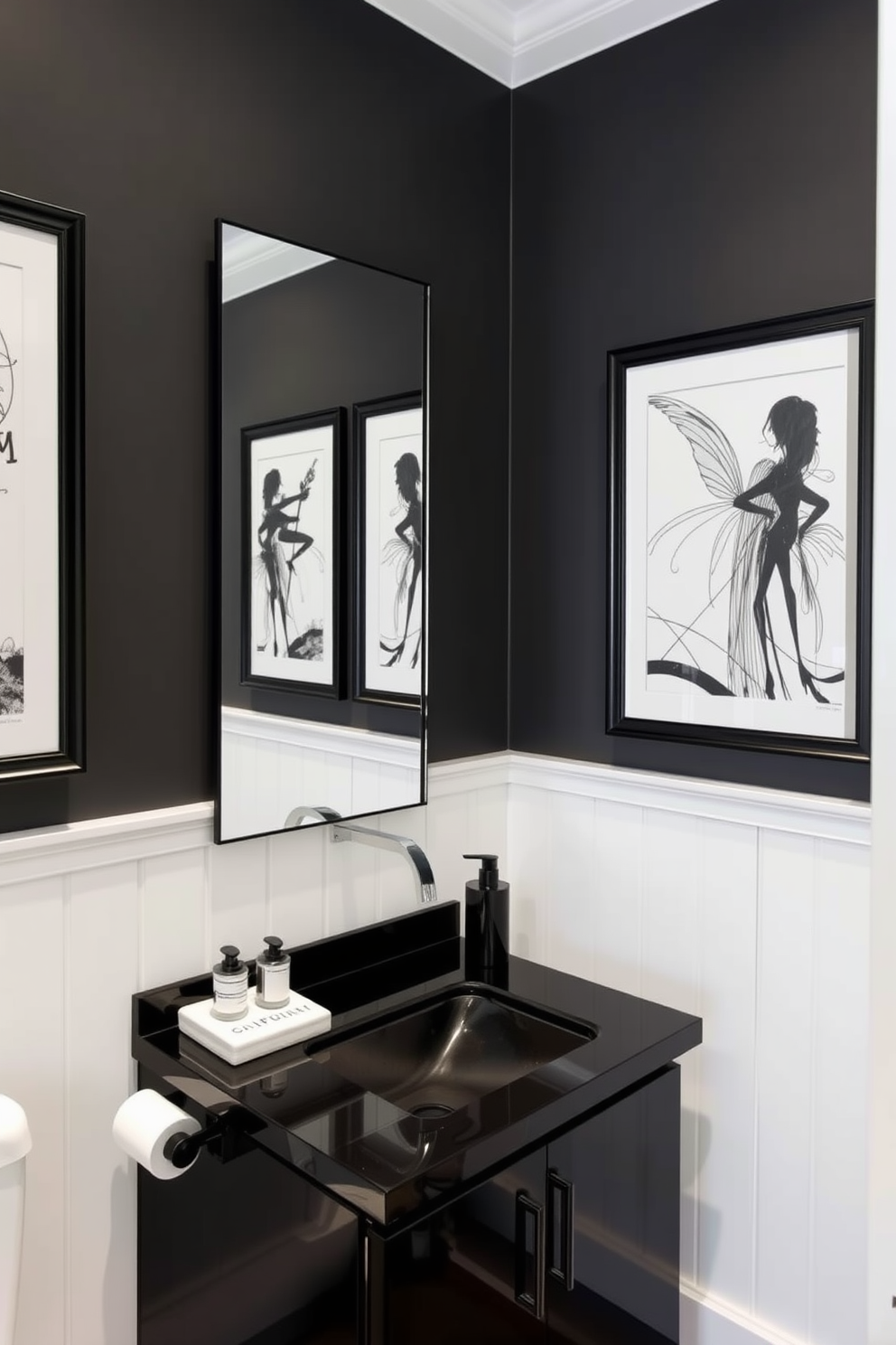 A stylish black powder room featuring elegant black framed artwork on the walls. The space is adorned with a sleek black vanity and a modern sink, complemented by a striking mirror that reflects the sophisticated decor.