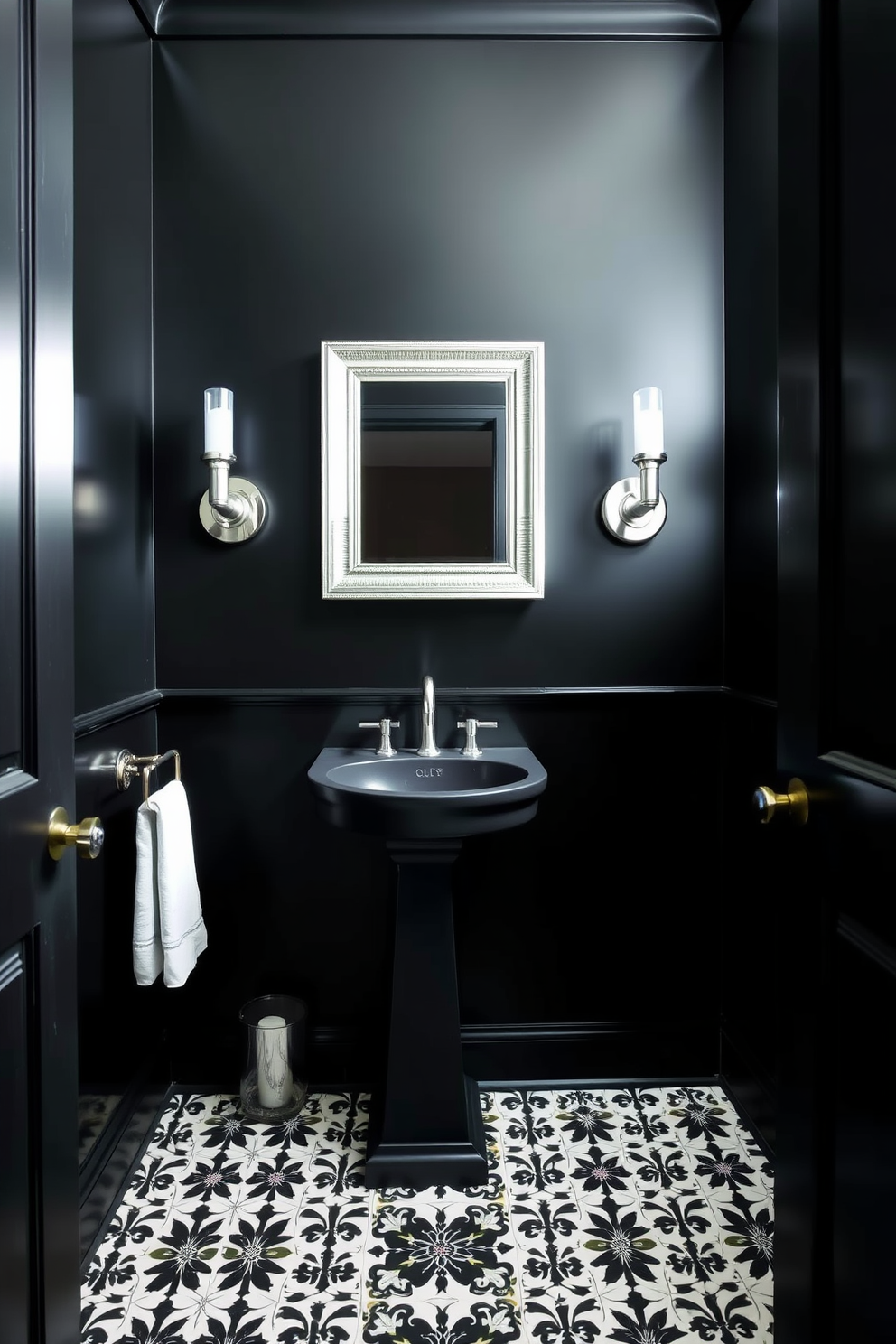 A stylish black powder room featuring sleek black walls that create a dramatic backdrop. The room is accented with silver fixtures, including a modern sink and elegant wall sconces that provide ambient lighting. A statement mirror with a silver frame is mounted above the sink, enhancing the room's sophistication. The floor is adorned with intricate black and white tiles, adding a touch of classic elegance to the overall design.