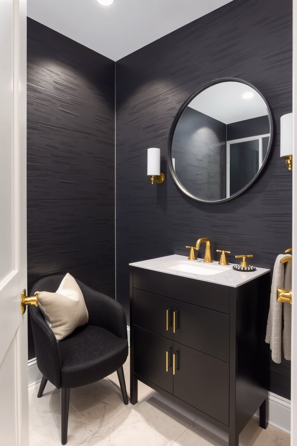 A stylish black accent chair is positioned in the corner of the powder room, adding a touch of elegance and comfort. The walls are adorned with a rich black wallpaper featuring subtle textures, creating a dramatic backdrop. The powder room features a sleek black vanity with a white marble sink, complemented by modern gold fixtures. A large round mirror with a black frame hangs above the vanity, enhancing the room's sophistication.