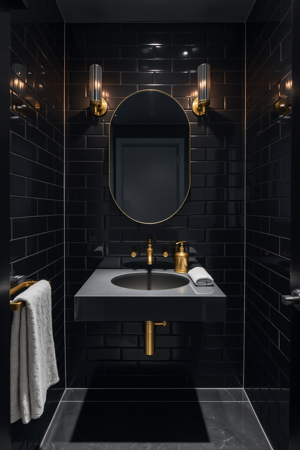 A chic black powder room featuring a matte black sink integrated into a luxurious marble countertop. The walls are adorned with elegant dark wallpaper, and a sleek gold faucet adds a touch of sophistication.