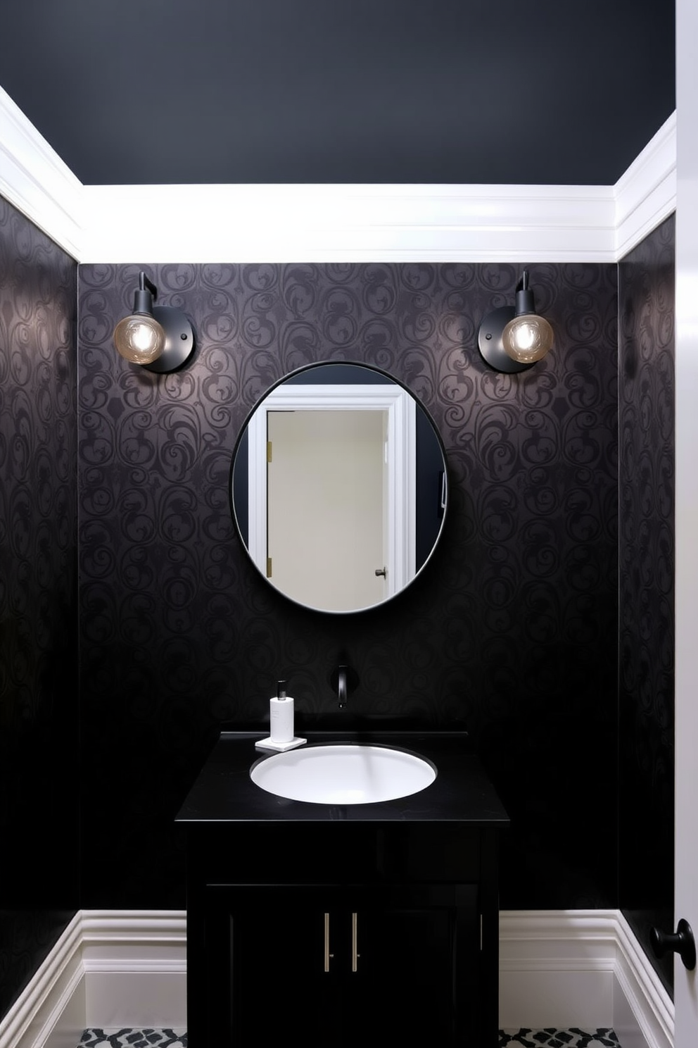 A minimalist black powder room features sleek black walls that create a bold yet elegant atmosphere. The space includes a floating black vanity with a simple white sink and a large round mirror that enhances the room's depth. The flooring is a matte black tile that complements the overall design, while a small potted plant adds a touch of greenery. Soft ambient lighting is integrated into the ceiling to provide a warm glow, making the room feel inviting despite its dark palette.