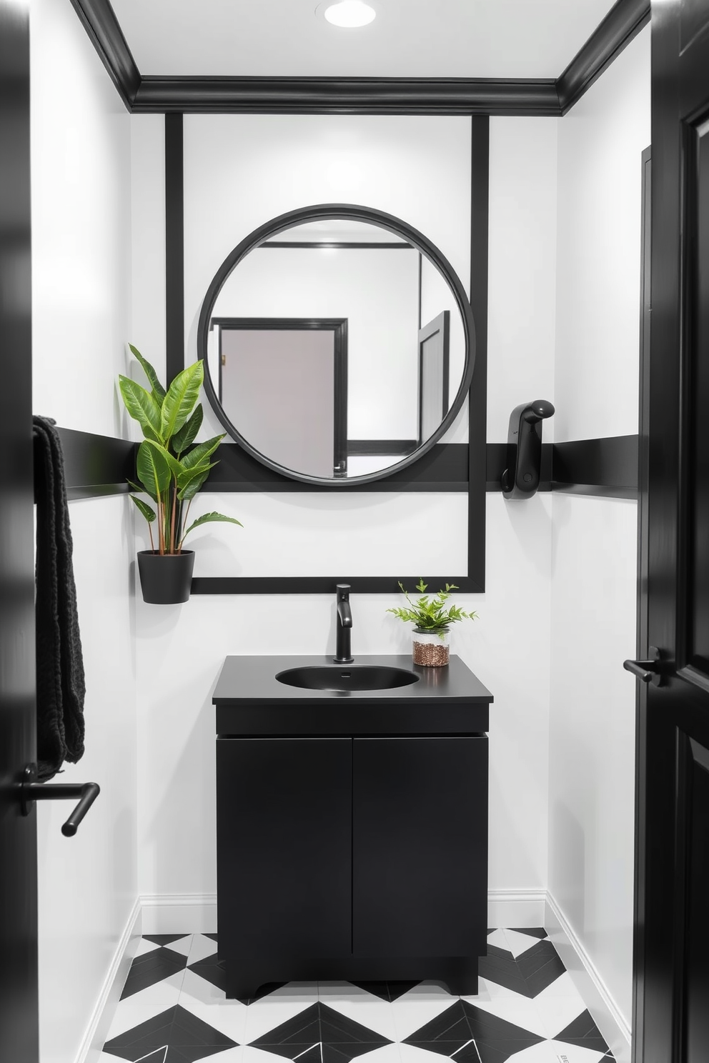 A sleek black powder room with modern appeal features black fixtures that contrast beautifully against crisp white walls. The space includes a minimalist black vanity with a stylish undermount sink and a large round mirror framed in matte black. The flooring is a chic geometric tile in monochrome shades, enhancing the contemporary aesthetic. Accents of greenery from potted plants add a refreshing touch to the sophisticated design.