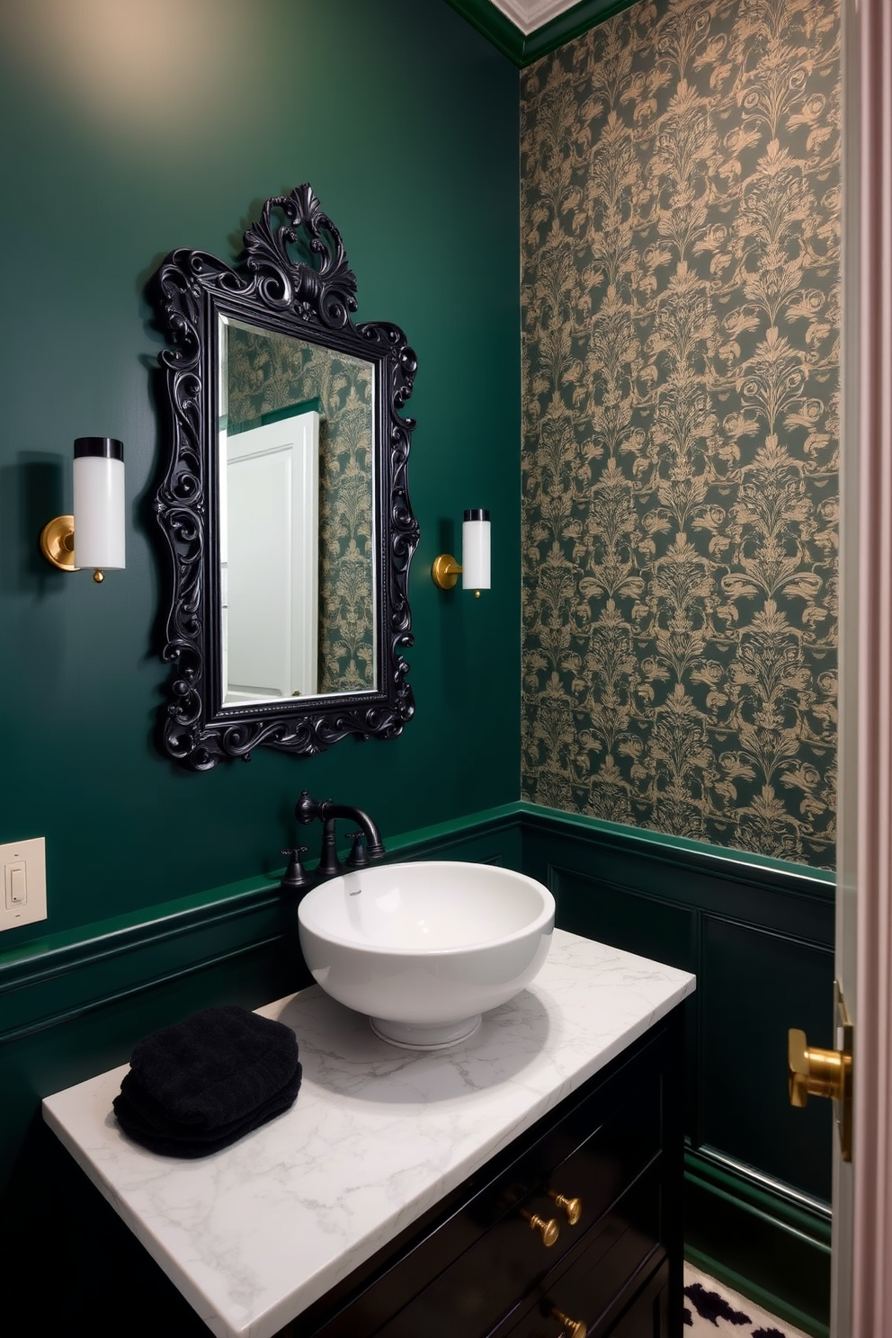 A vintage mirror with an ornate black frame hangs prominently on the wall, reflecting the elegant details of the powder room. The space is adorned with deep emerald green walls and a sleek black vanity topped with a white marble sink. Soft ambient lighting highlights the intricate patterns of the wallpaper, which features delicate gold accents. A plush black and white rug lies beneath, adding warmth and texture to the room's sophisticated atmosphere.