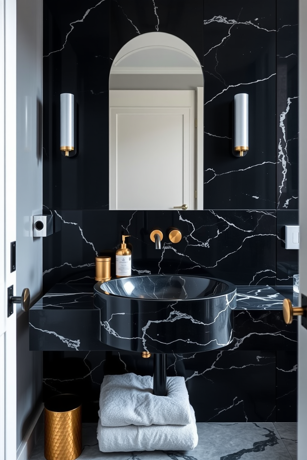 A luxurious black marble sink sits elegantly against a striking black backsplash, creating a bold focal point in the room. The powder room features sleek fixtures and soft lighting that enhance the opulent atmosphere. Rich textures and finishes are incorporated throughout the design, with gold accents adding a touch of glamour. A minimalist approach to decor ensures that the stunning marble remains the star of the space.