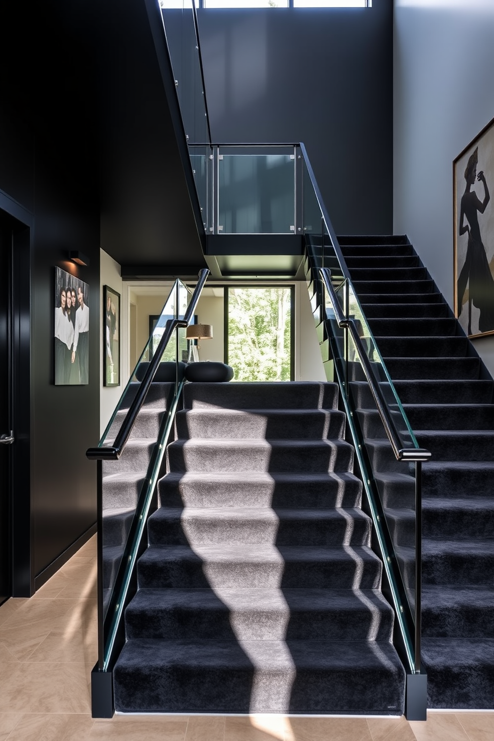 A luxurious black staircase features a plush velvet runner that adds an element of elegance and comfort. The staircase is framed by sleek glass railings, enhancing the modern aesthetic while allowing natural light to flow through the space. The walls adjacent to the staircase are adorned with contemporary artwork that complements the bold design. Soft ambient lighting highlights the staircase, creating a dramatic focal point in the entryway.