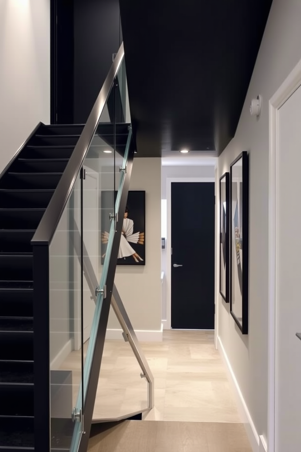 Chic black staircase with glass side panels. The sleek black steps contrast beautifully with the transparency of the glass, creating an elegant and modern look. The staircase is illuminated by recessed lighting, highlighting its contemporary design. Surrounding the staircase, a minimalist hallway features neutral walls and stylish artwork that complements the overall aesthetic.